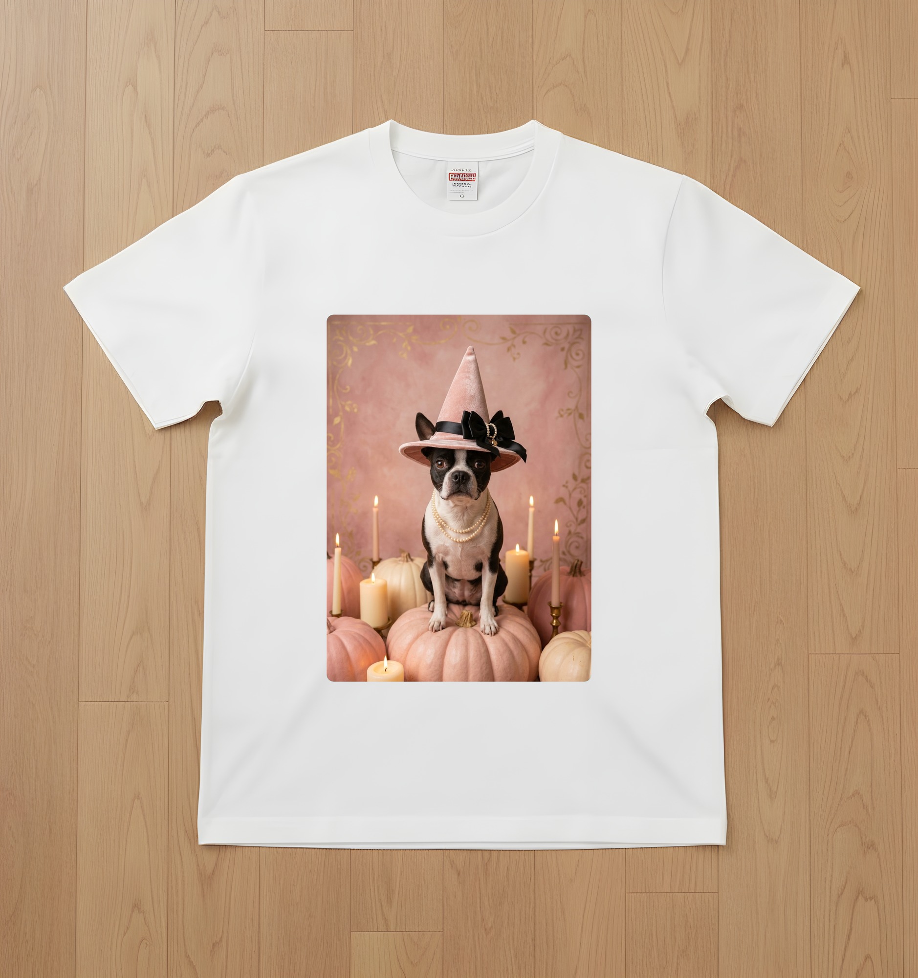 ボストンテリアのかぼちゃとキャンドルの油絵風アートハロウィンTシャツ(ホワイト)