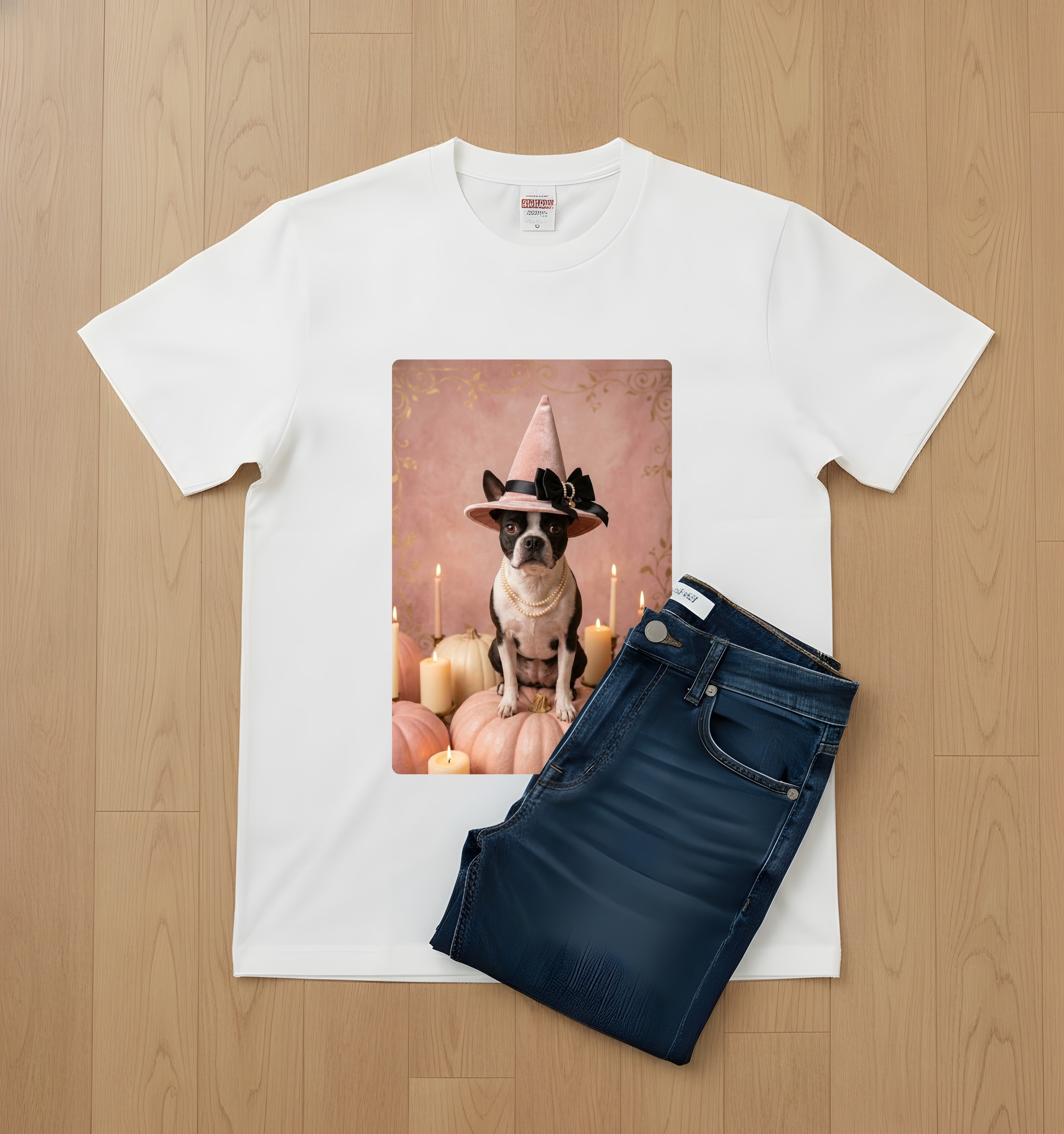 ボストンテリアのかぼちゃとキャンドルの油絵風アートハロウィンTシャツ(ホワイト)(2枚目)