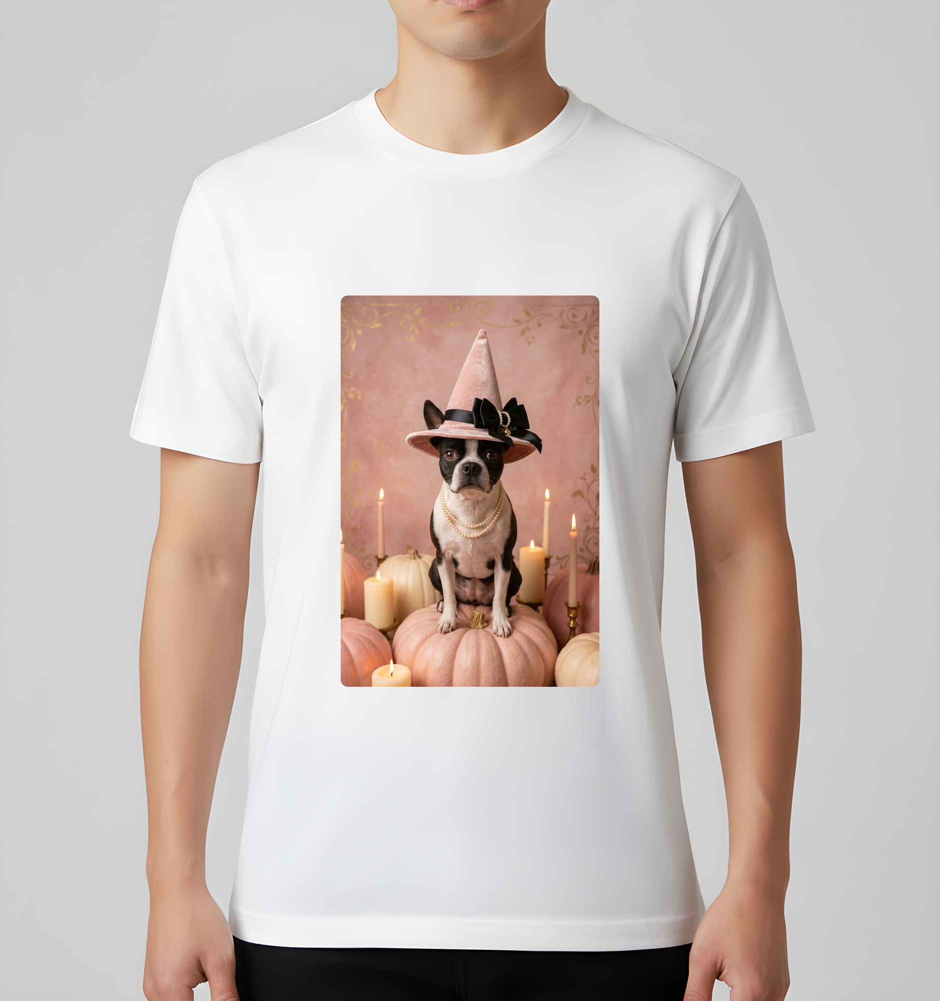 ボストンテリアのかぼちゃとキャンドルの油絵風アートハロウィンTシャツ(ホワイト)(3枚目)