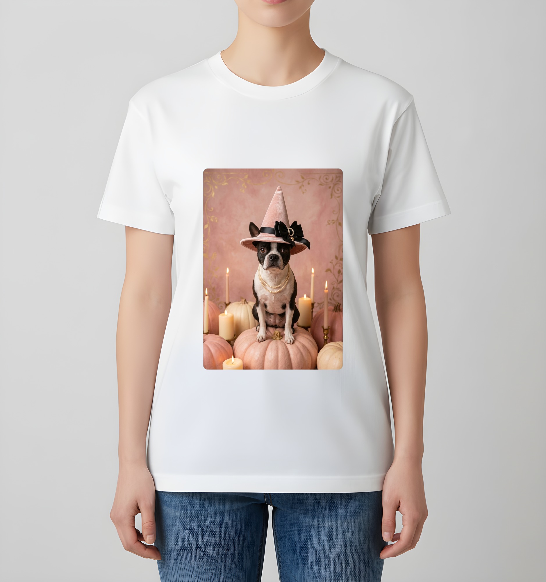 ボストンテリアのかぼちゃとキャンドルの油絵風アートハロウィンTシャツ(ホワイト)(4枚目)