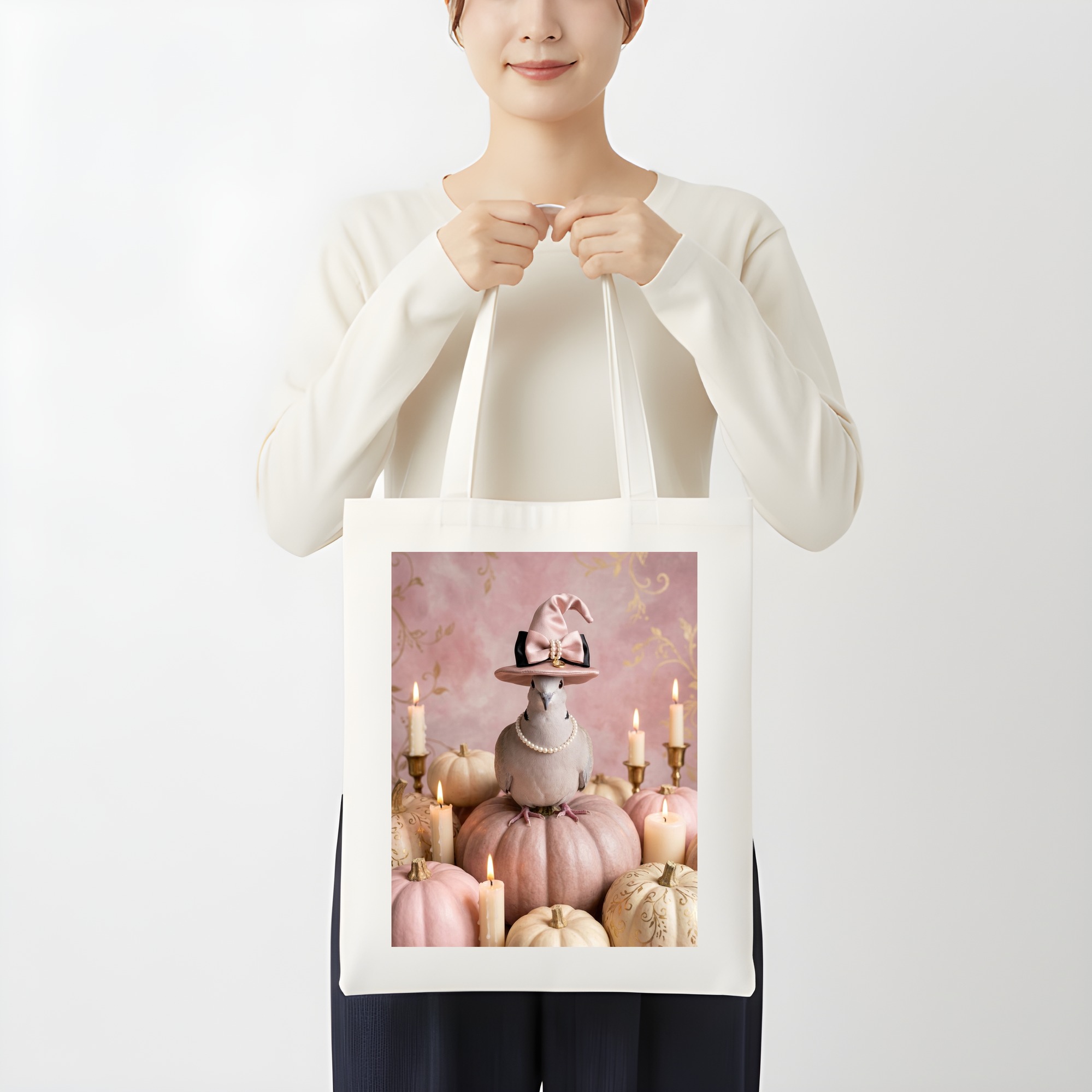 ジュズカケバトのかぼちゃとキャンドルの油絵風アートハロウィントートバッグ（3枚目）