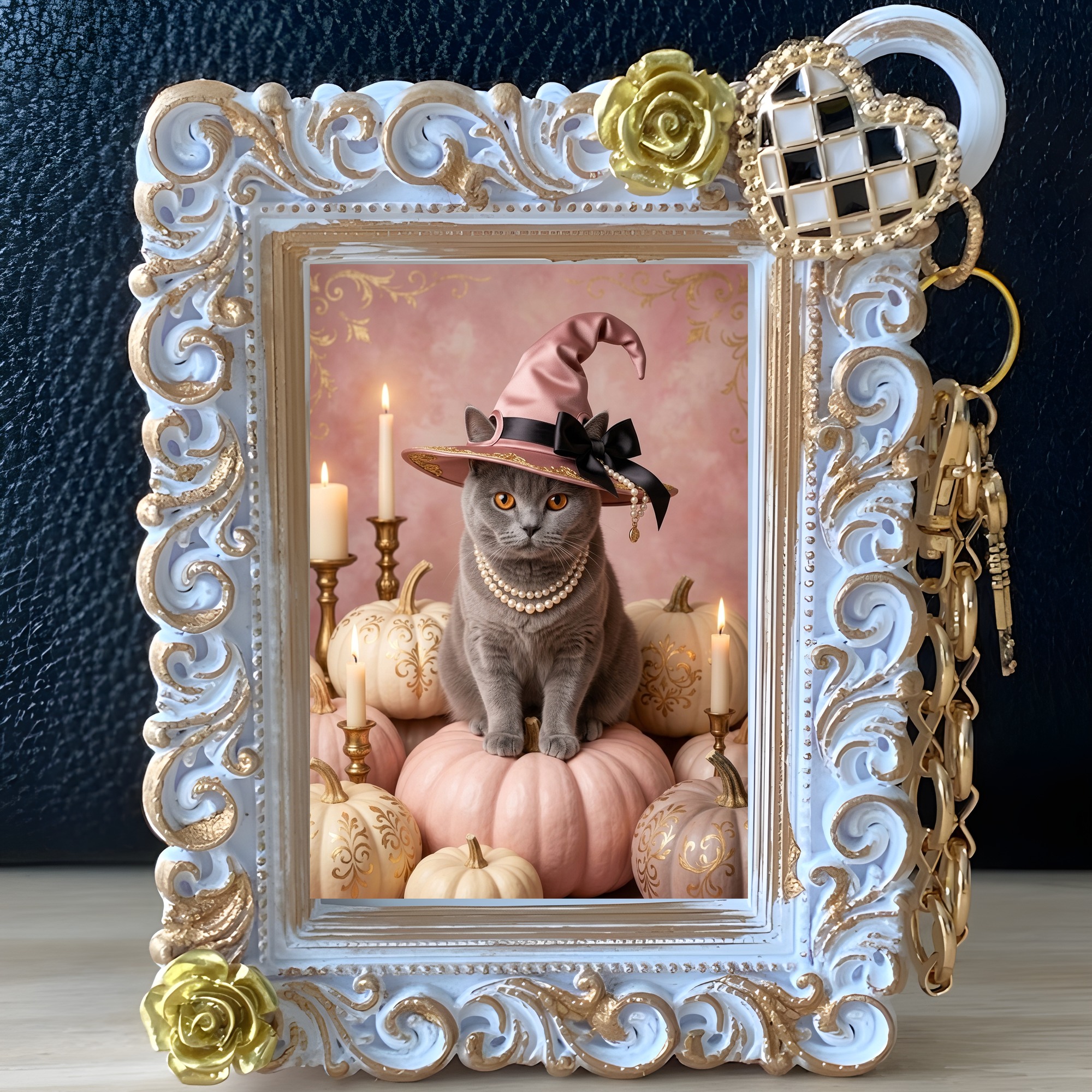 ブリティッシュショートヘアのかぼちゃとキャンドルの油絵風アートハロウィンバッグチャーム（ホワイト）（2枚目）