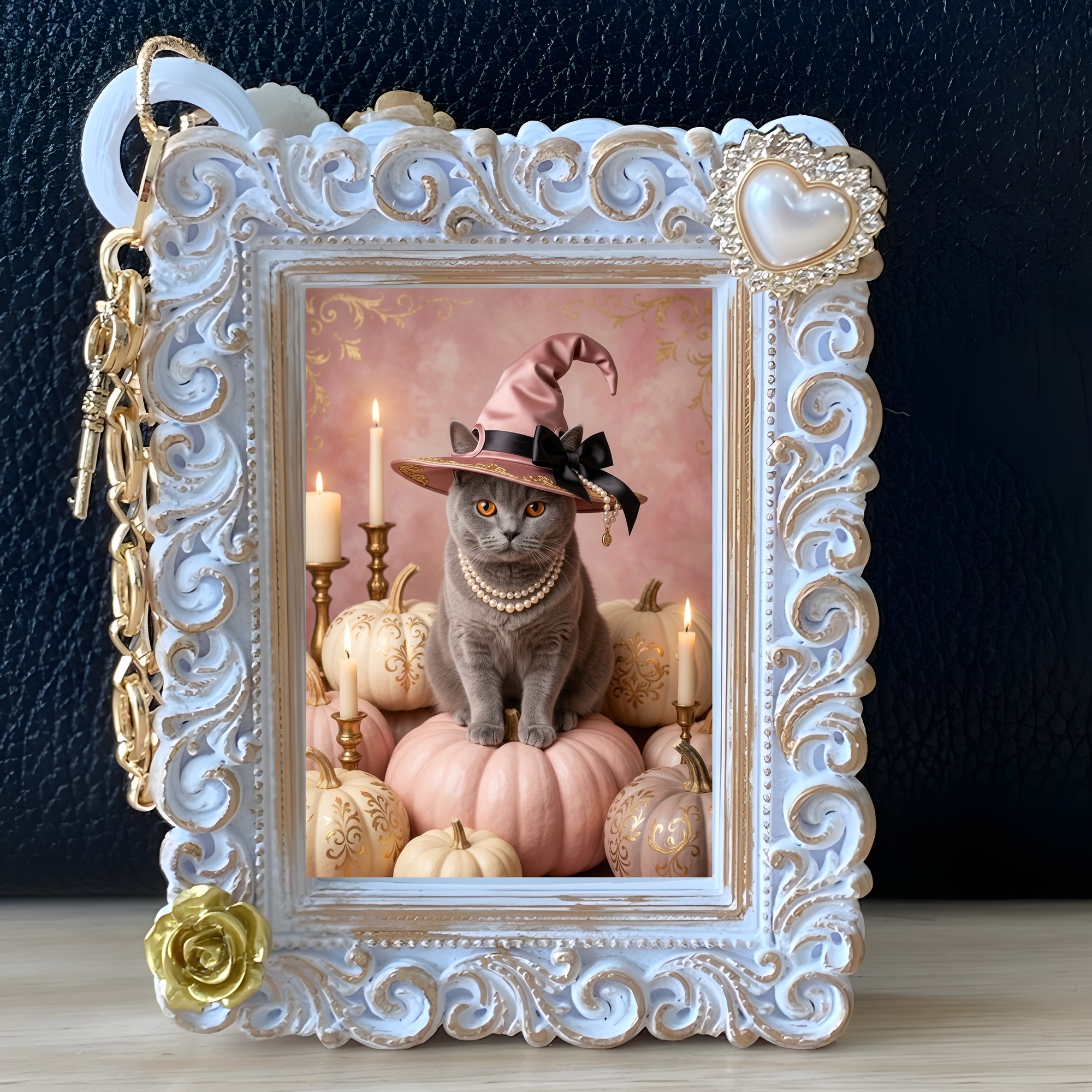 ブリティッシュショートヘアのかぼちゃとキャンドルの油絵風アートハロウィンバッグチャーム（ホワイト）（5枚目）