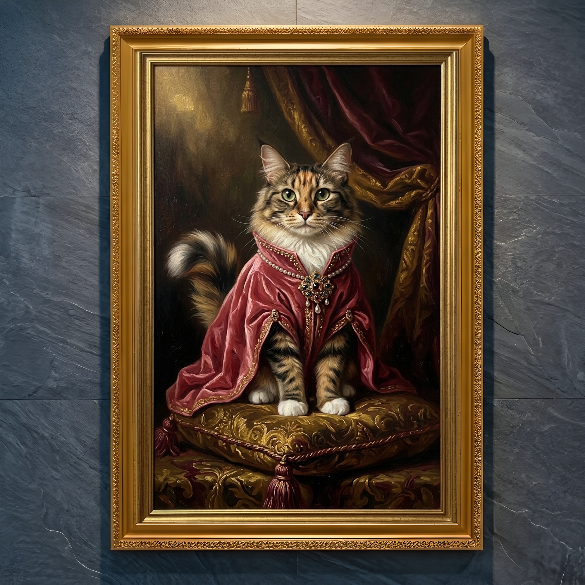 ノルウェージャンフォレストキャットのルネサンス肖像画額装プリント(A4金縁)