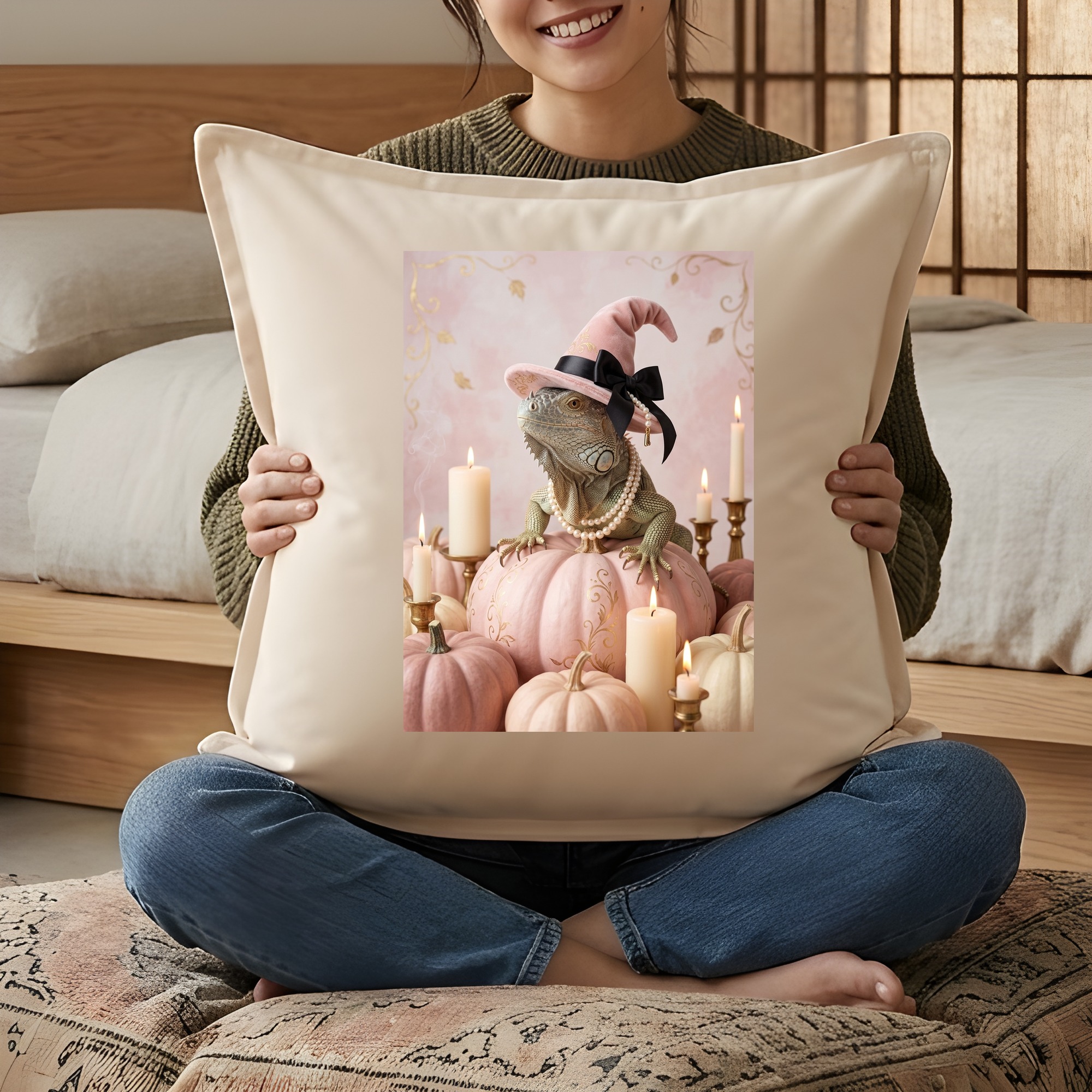 トゲオイグアナのかぼちゃとキャンドルの油絵風アートハロウィンクッション（3枚目）