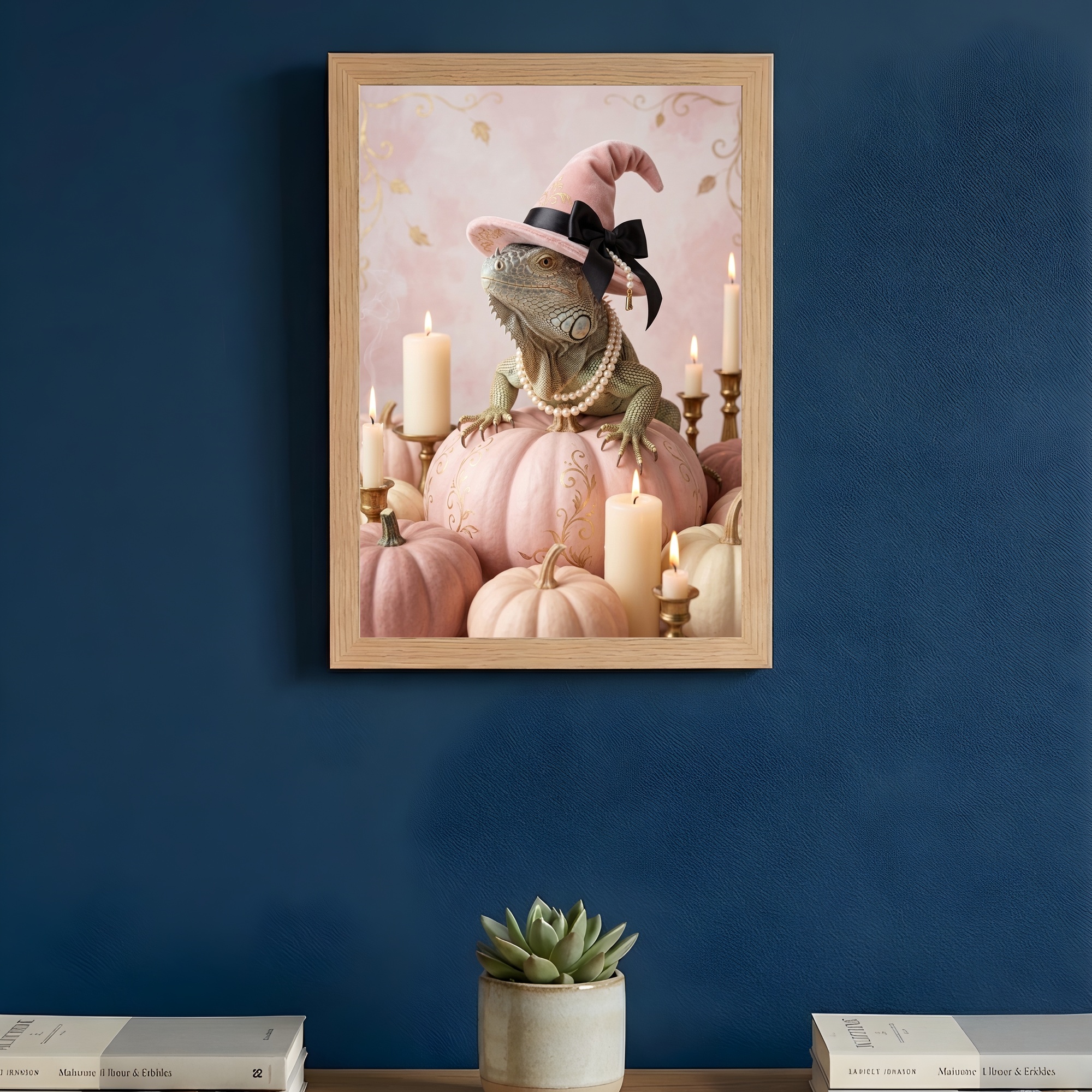 トゲオイグアナのかぼちゃとキャンドルの油絵風アートハロウィン額装プリント（A4サイズ）（3枚目）