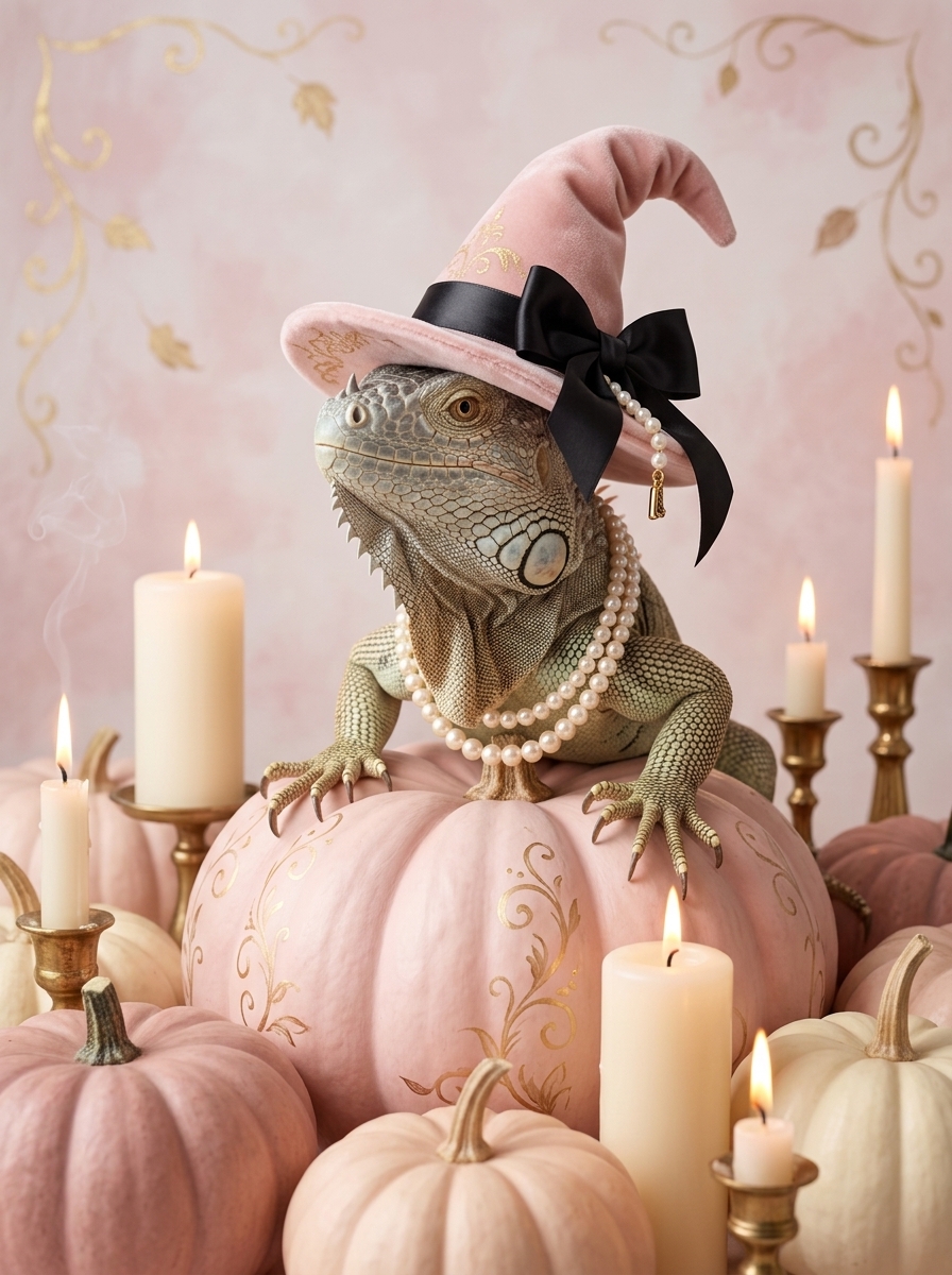 トゲオイグアナのかぼちゃとキャンドルの油絵風アートハロウィン額装プリント（A4サイズ）（4枚目）