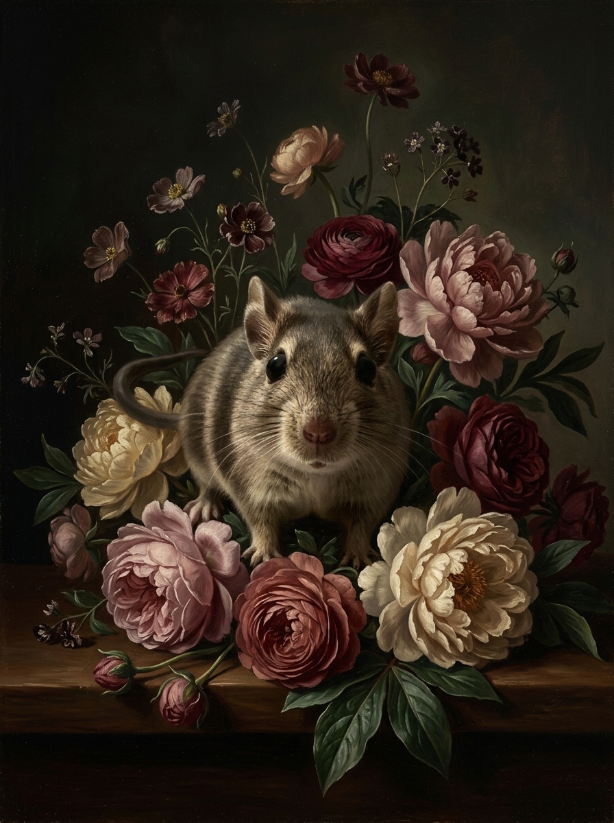 デグーの花の油絵風アート花柄額装プリント（A4サイズ）（4枚目）