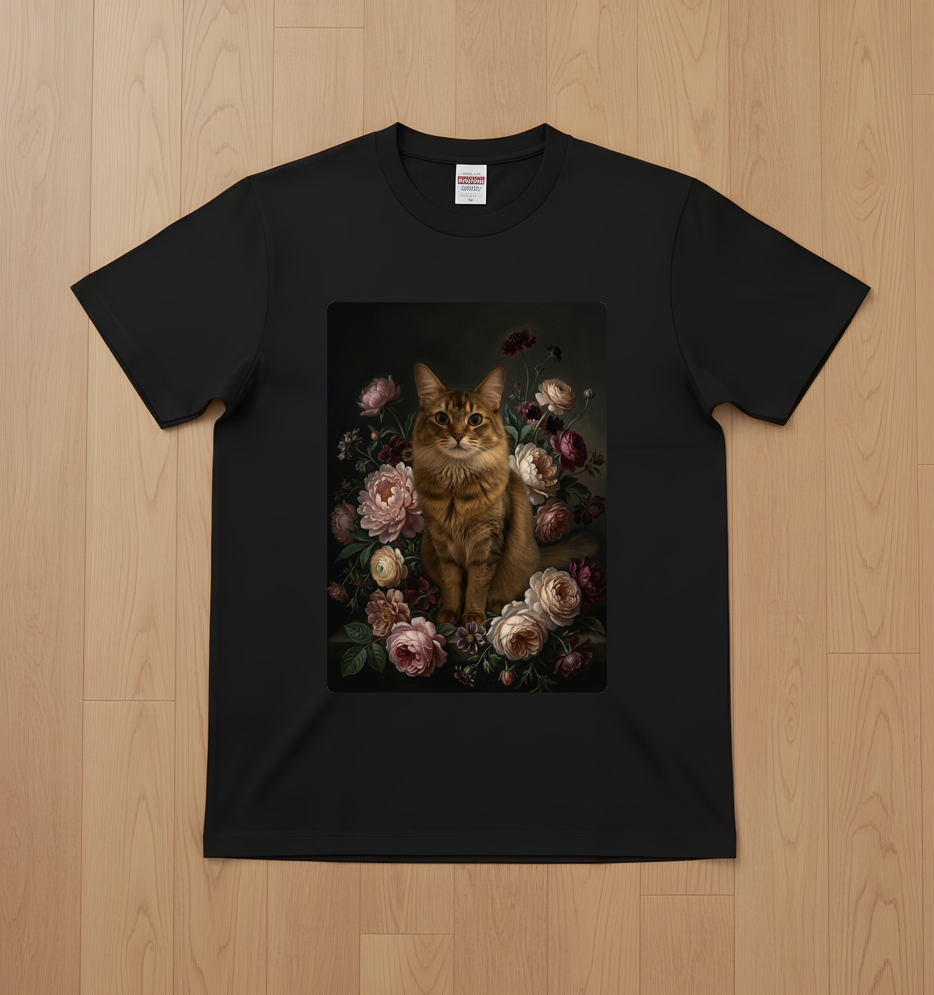 ソマリの花の油絵風アート花柄Tシャツ(ブラック)