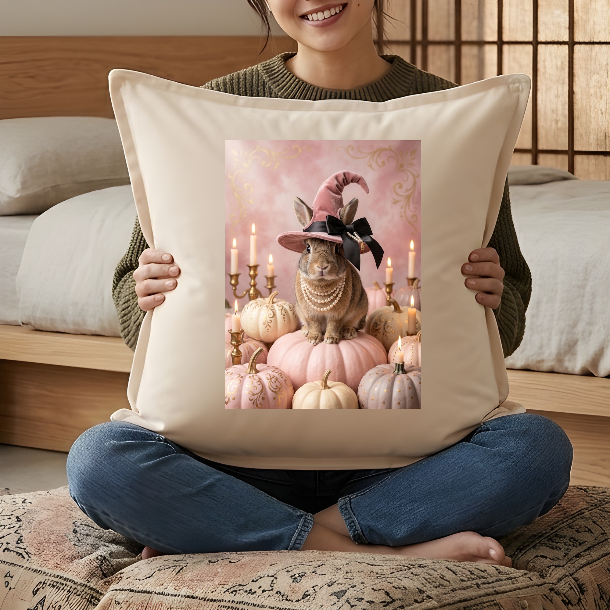 うさぎのかぼちゃとキャンドルの油絵風アートハロウィンクッション（3枚目）