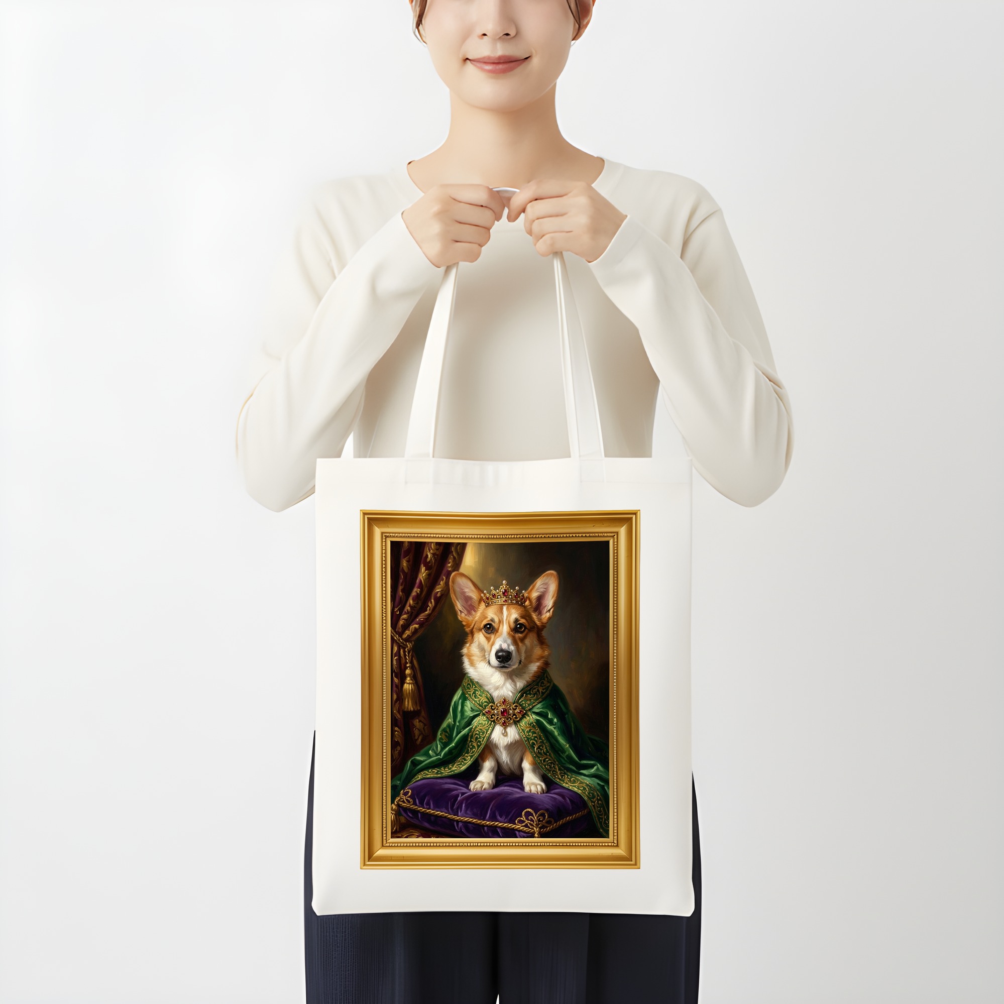 コーギーのルネサンス肖像画トートバッグ（カラープリント・額縁デザインあり）（3枚目）
