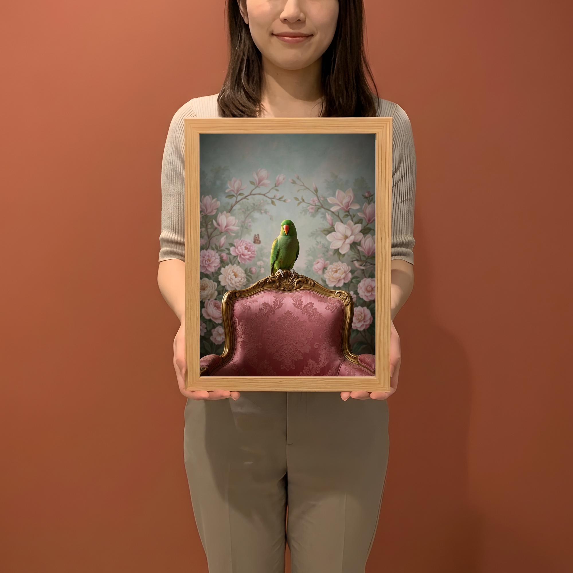 オオハナインコのシャビーピンクの油絵風アートロココ調額装プリント（A4サイズ）（2枚目）