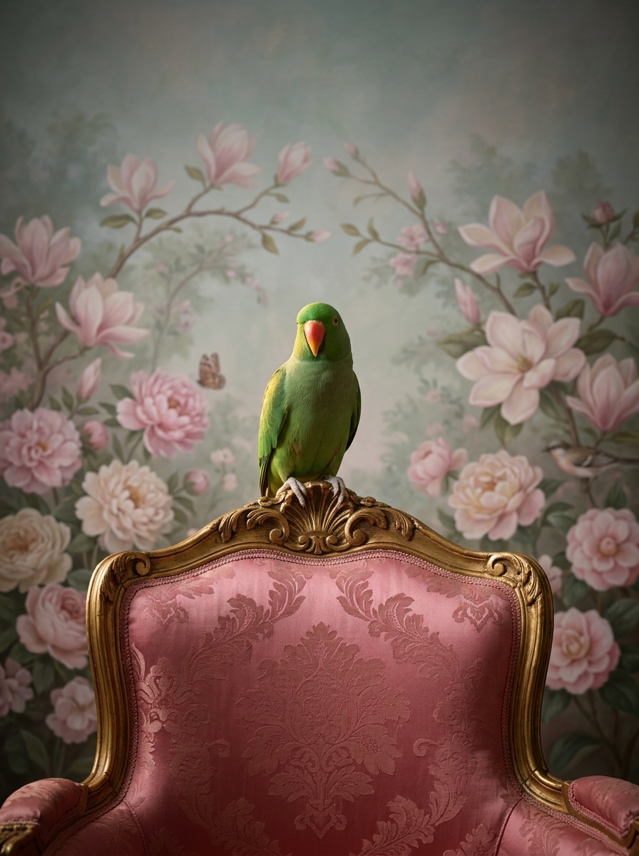 オオハナインコのシャビーピンクの油絵風アートロココ調額装プリント（A4サイズ）（4枚目）