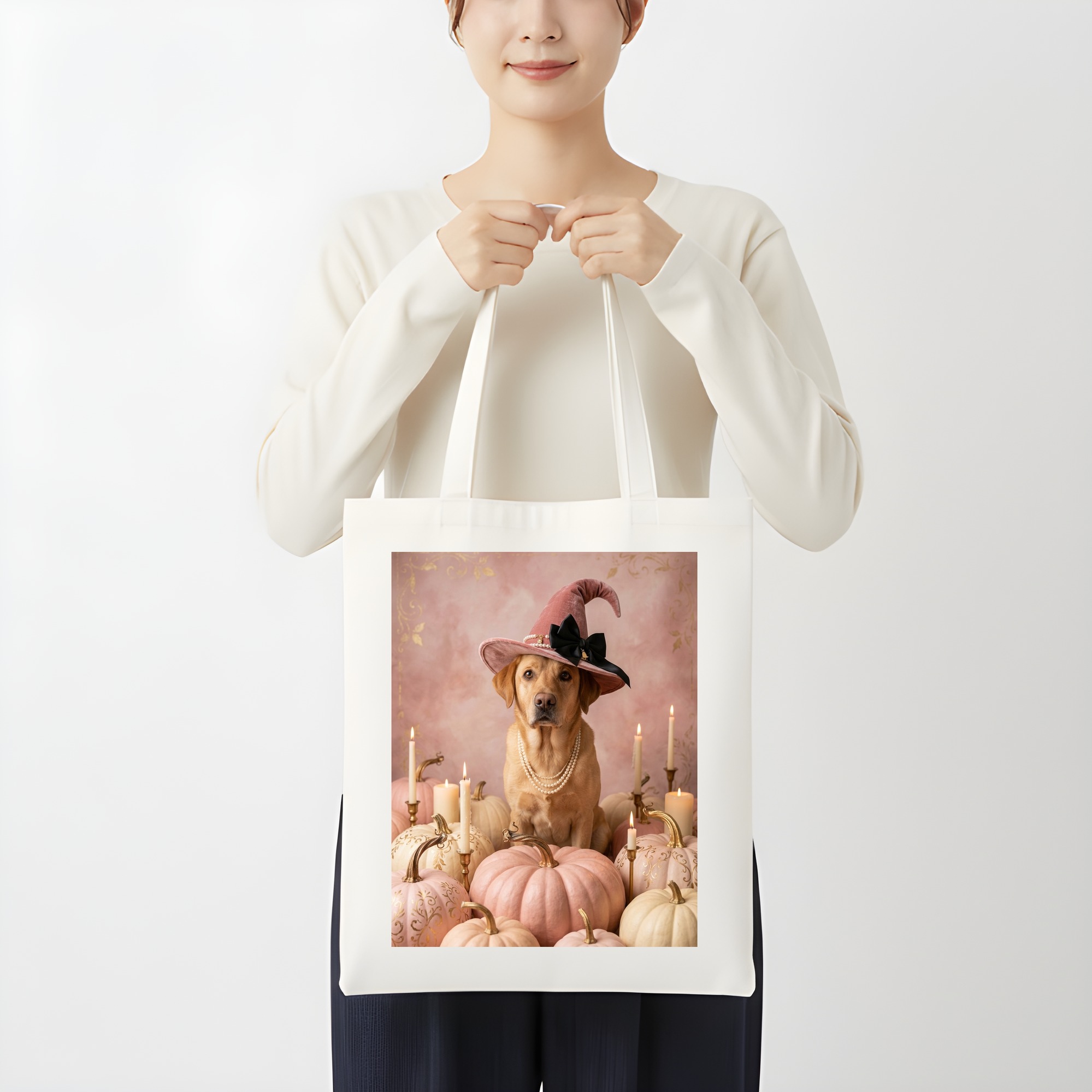ラブラドールレトリバーのかぼちゃとキャンドルの油絵風アートハロウィントートバッグ(3枚目)