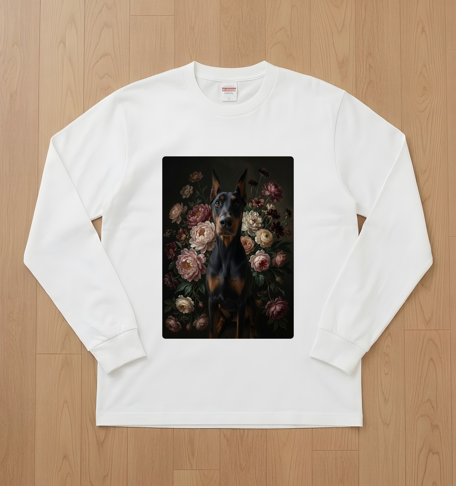 ドーベルマンの花の油絵風アート花柄長袖Tシャツ(ホワイト)