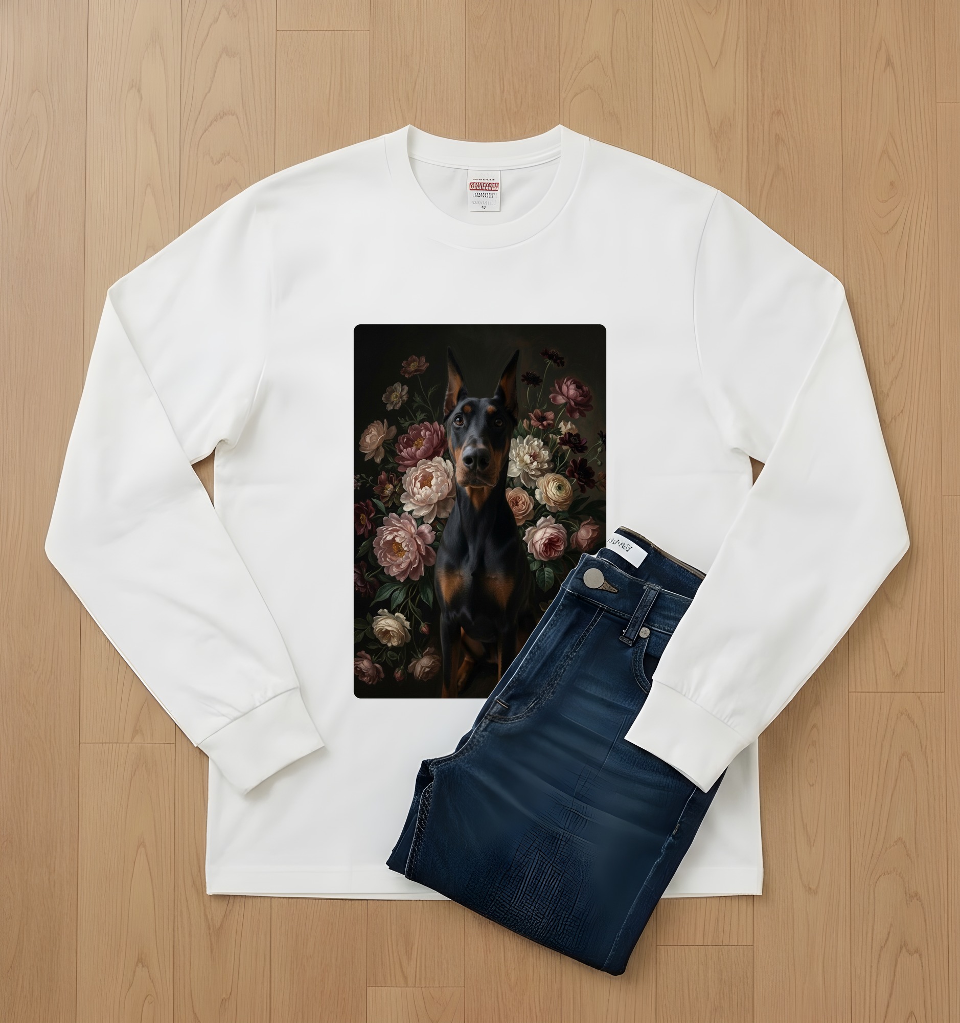 ドーベルマンの花の油絵風アート花柄長袖Tシャツ(ホワイト)(2枚目)