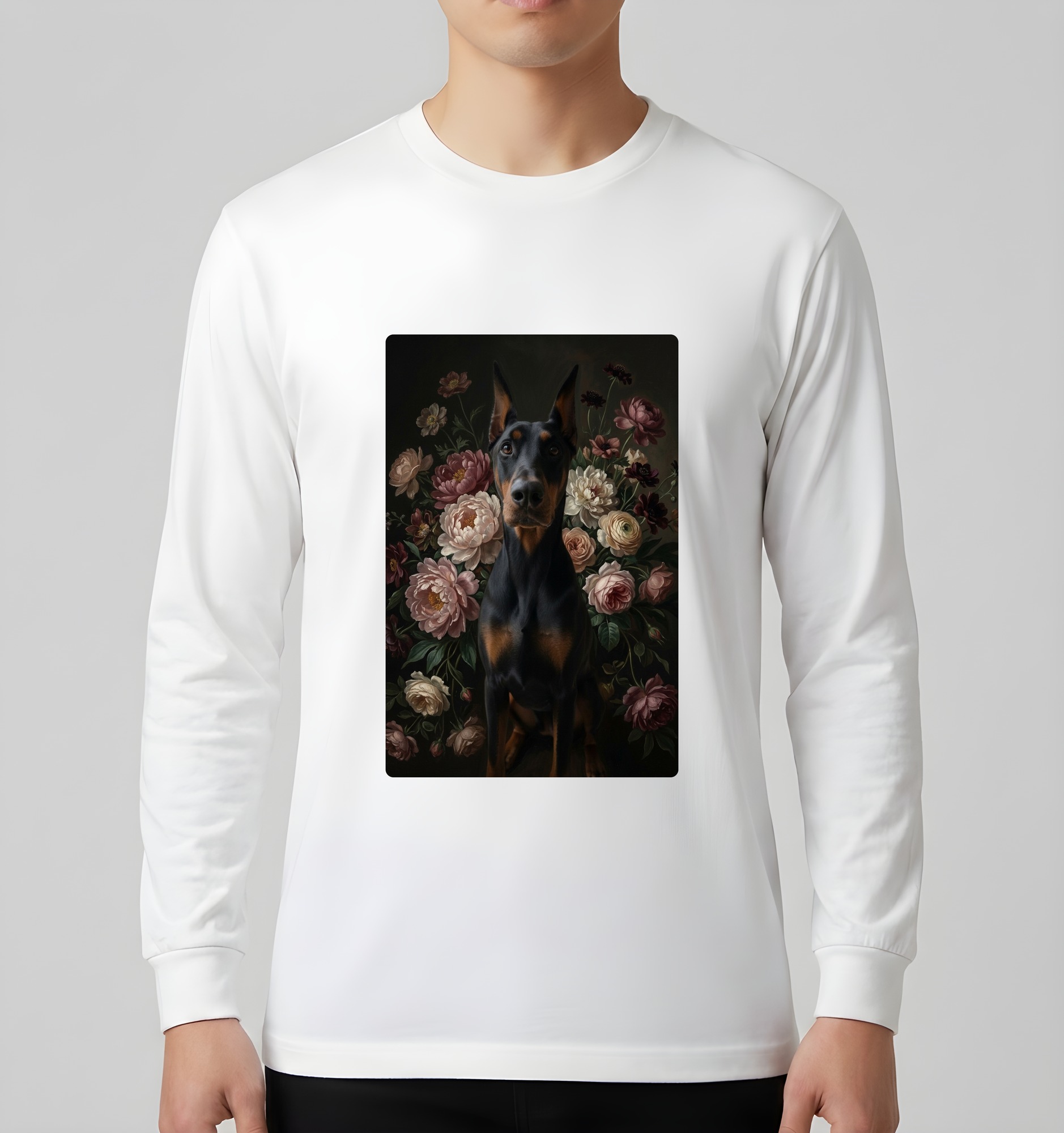 ドーベルマンの花の油絵風アート花柄長袖Tシャツ(ホワイト)(3枚目)