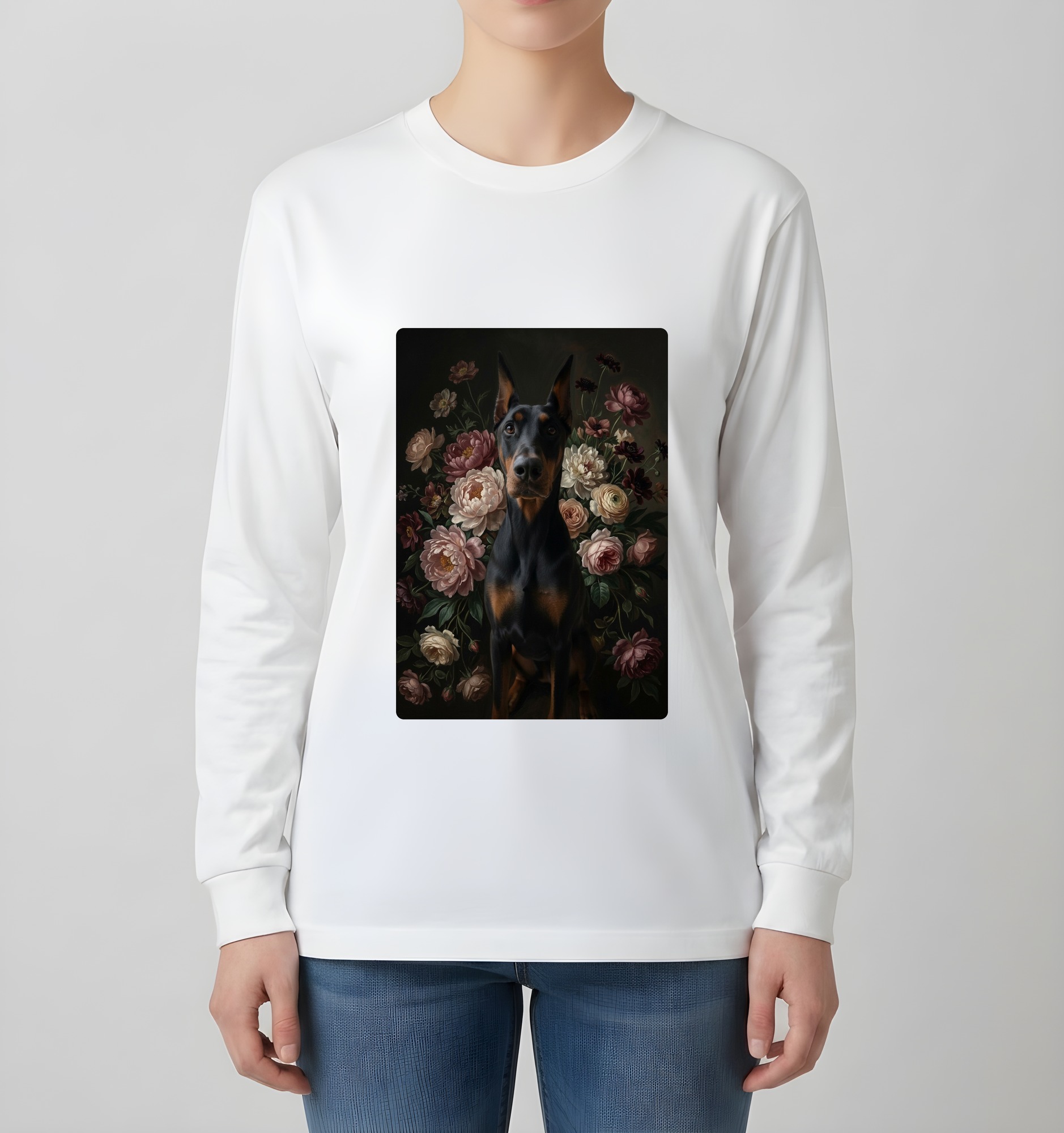 ドーベルマンの花の油絵風アート花柄長袖Tシャツ(ホワイト)(4枚目)