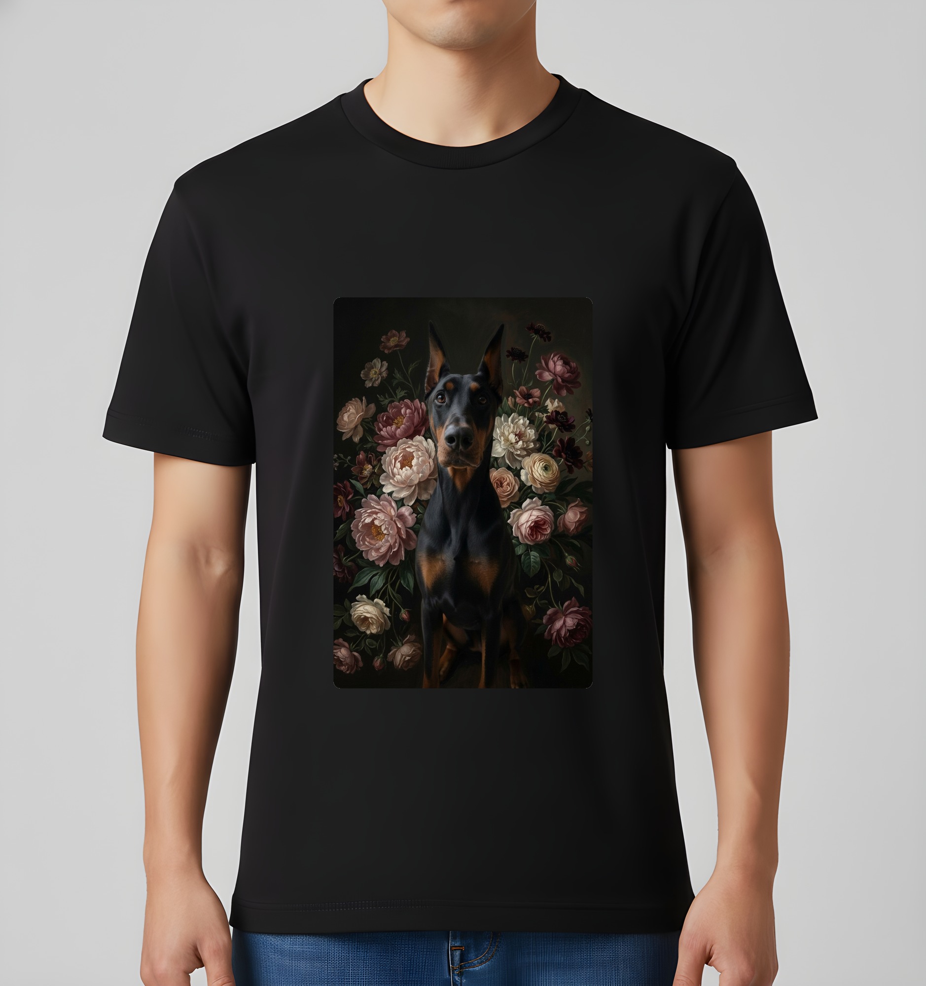 ドーベルマンの花の油絵風アート花柄Tシャツ（ブラック）（3枚目）
