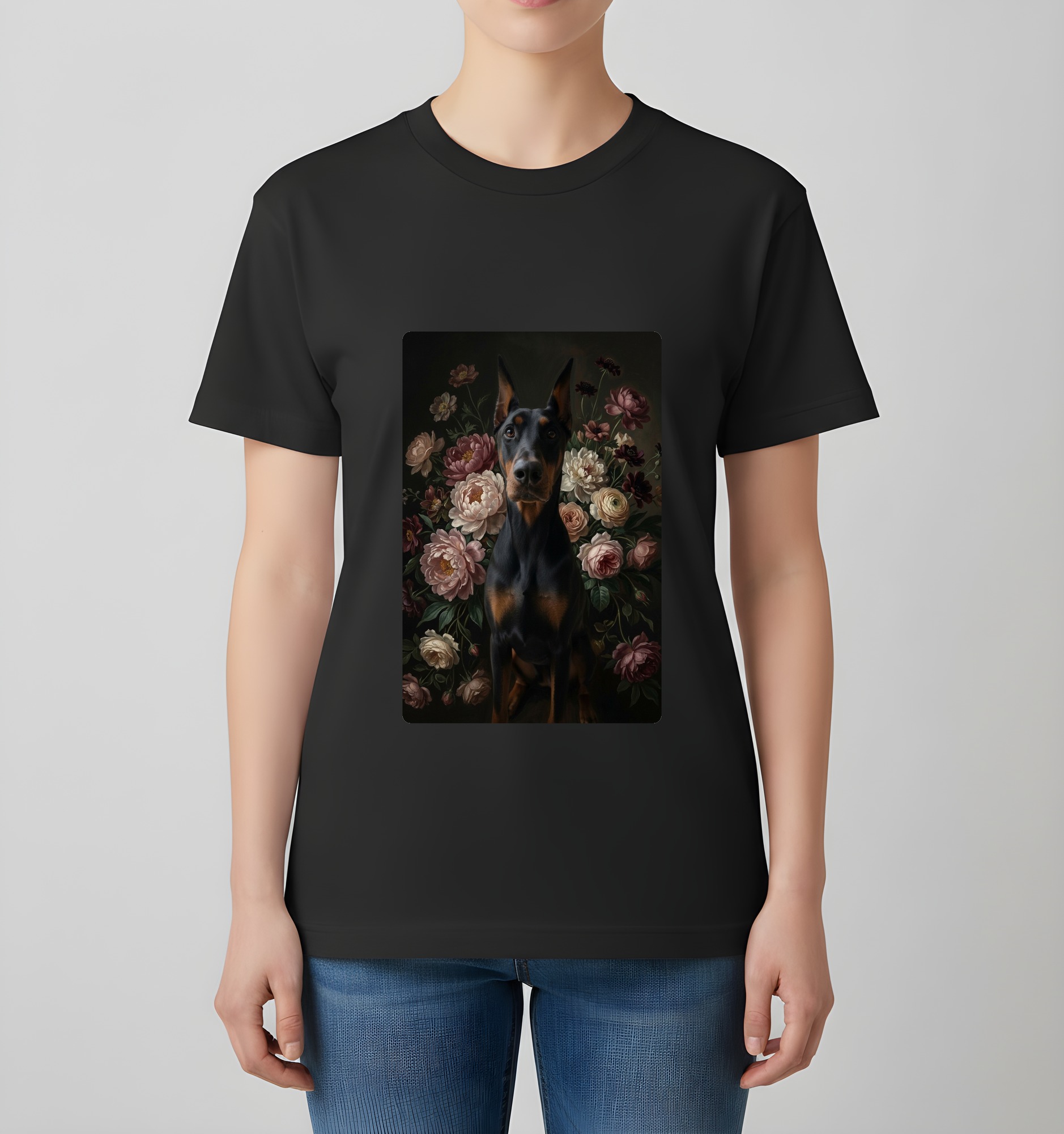 ドーベルマンの花の油絵風アート花柄Tシャツ（ブラック）（4枚目）