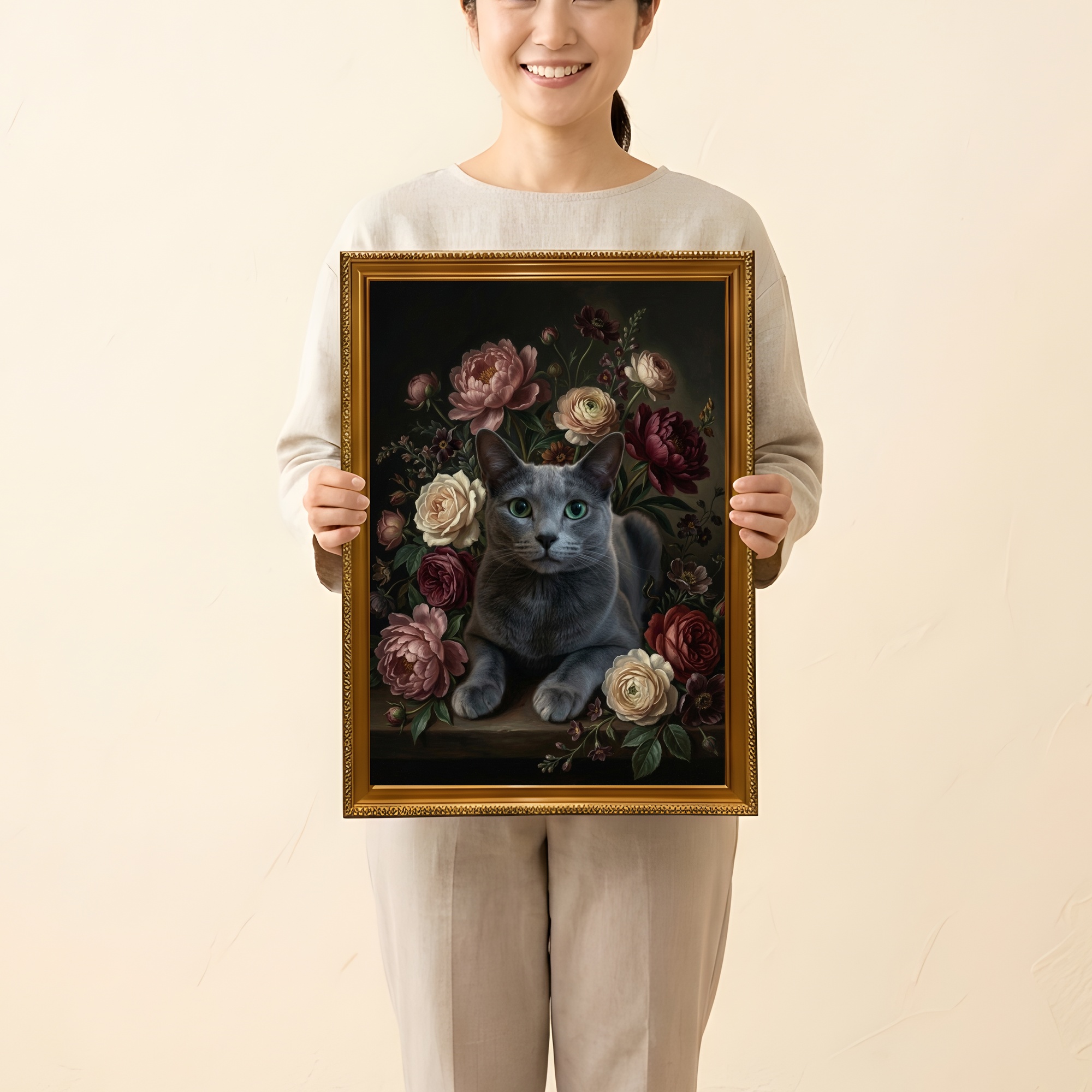 ロシアンブルーの花の油絵風アート花柄額装プリント（A3サイズ）（2枚目）