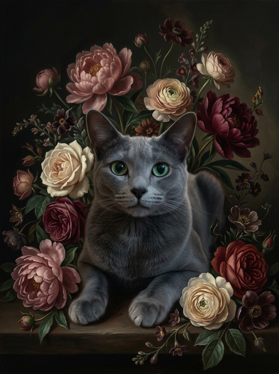 ロシアンブルーの花の油絵風アート花柄額装プリント（A3サイズ）（4枚目）
