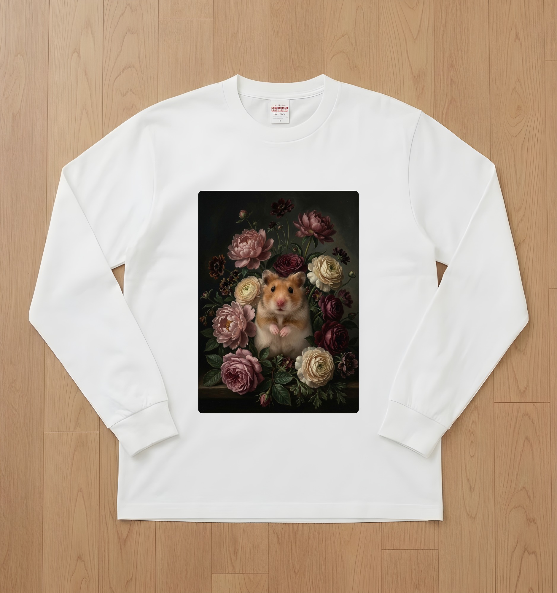 ファンシーハムスターの花の油絵風アート花柄長袖Tシャツ(ホワイト)