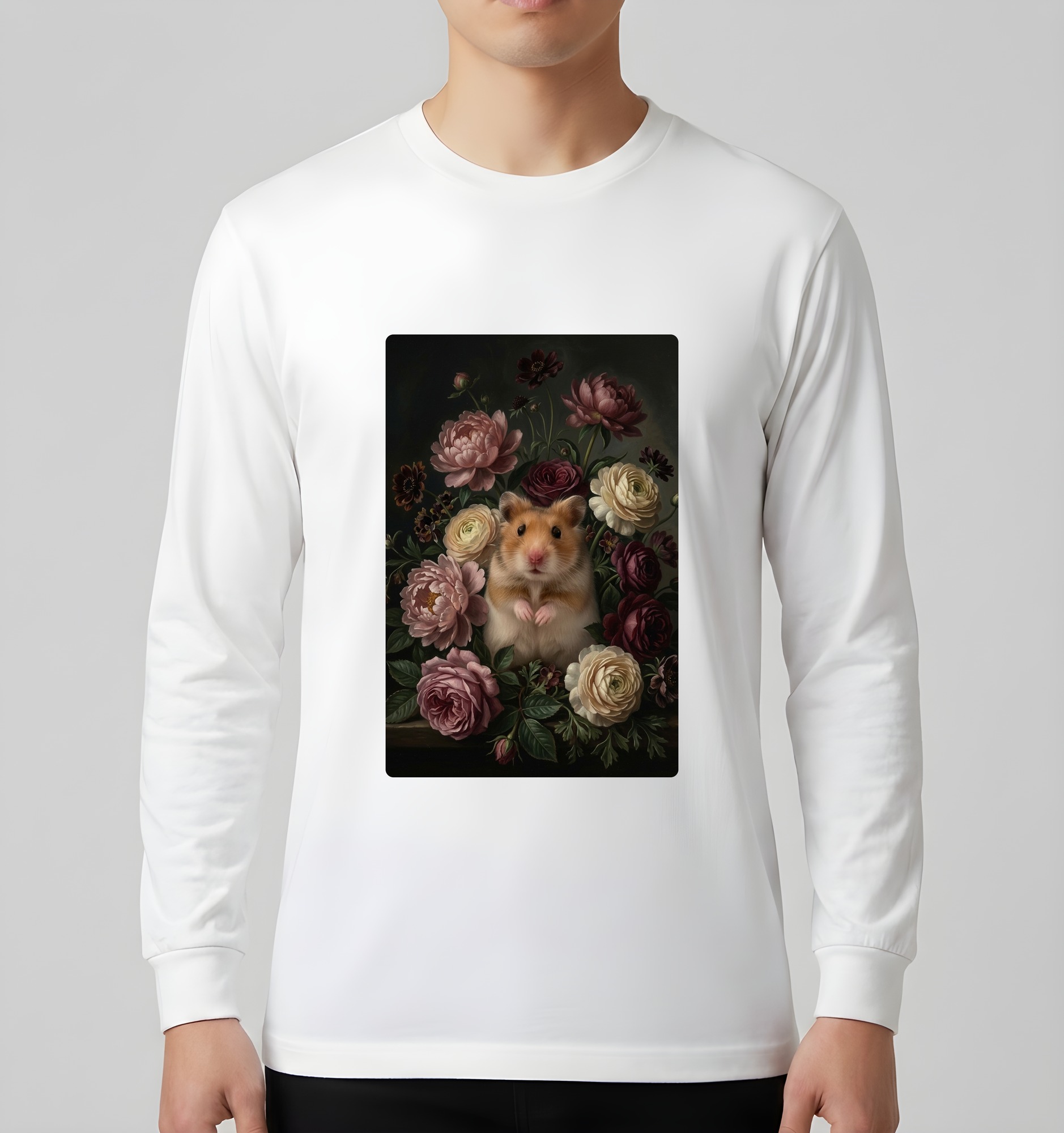 ファンシーハムスターの花の油絵風アート花柄長袖Tシャツ(ホワイト)(3枚目)