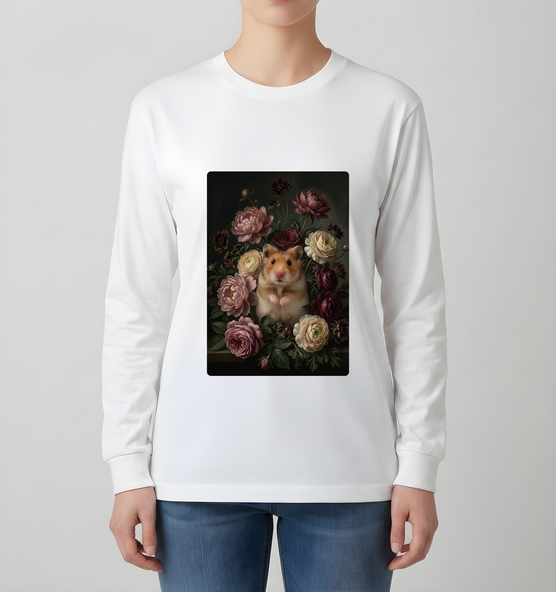 ファンシーハムスターの花の油絵風アート花柄長袖Tシャツ(ホワイト)(4枚目)