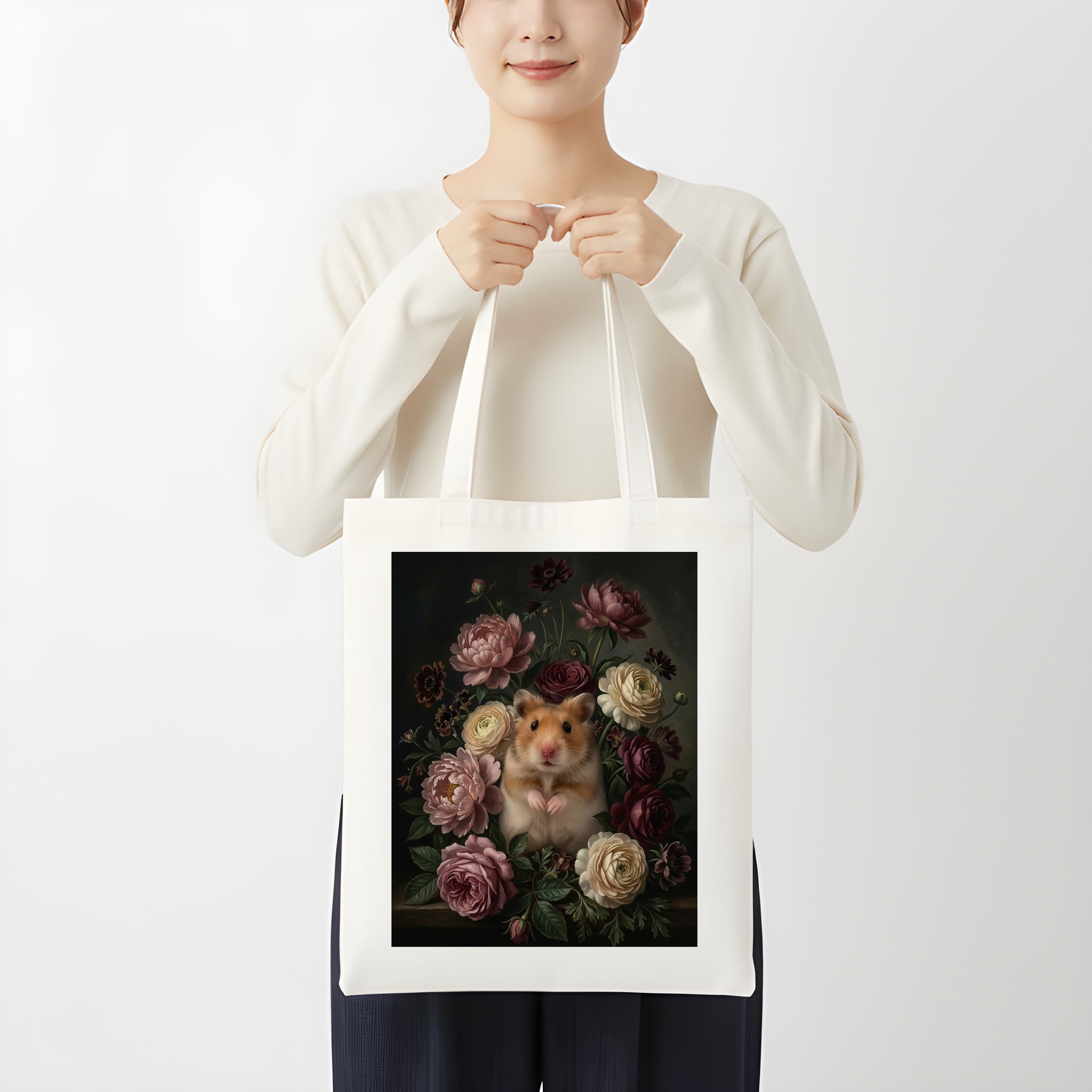 ファンシーハムスターの花の油絵風アート花柄トートバッグ（3枚目）