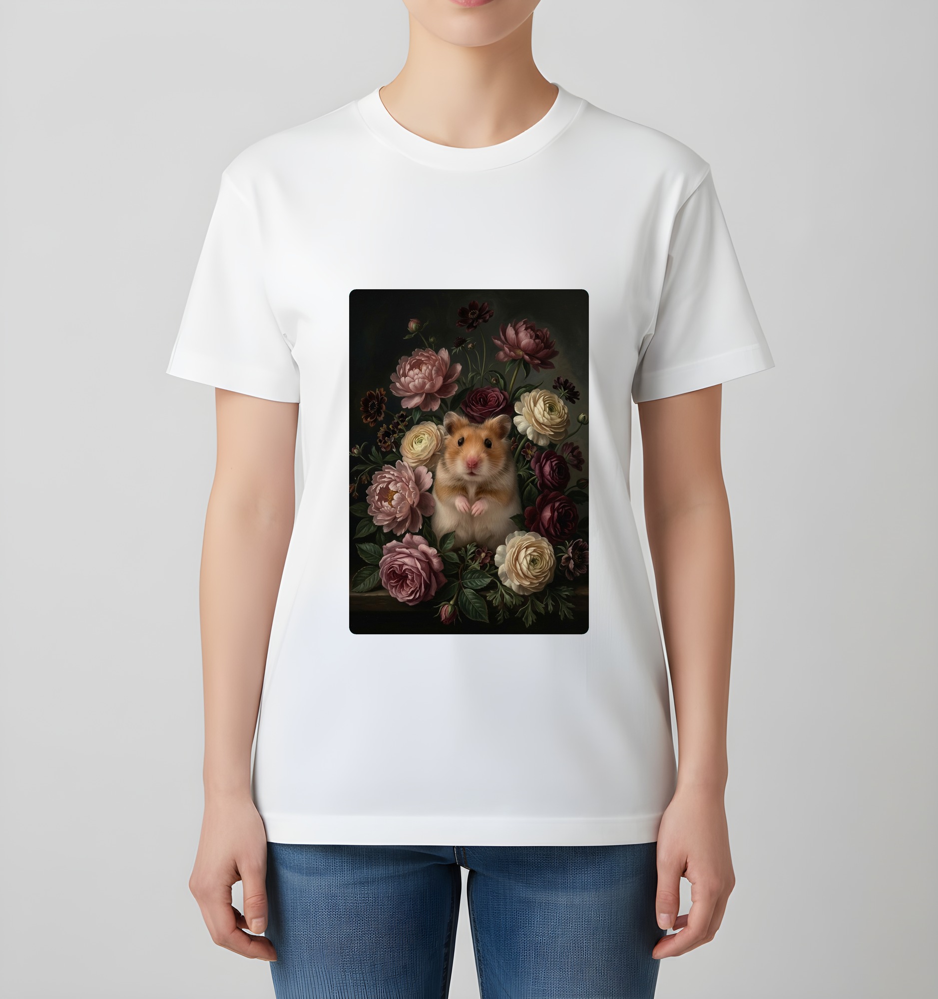 ファンシーハムスターの花の油絵風アート花柄Tシャツ（ホワイト）（4枚目）