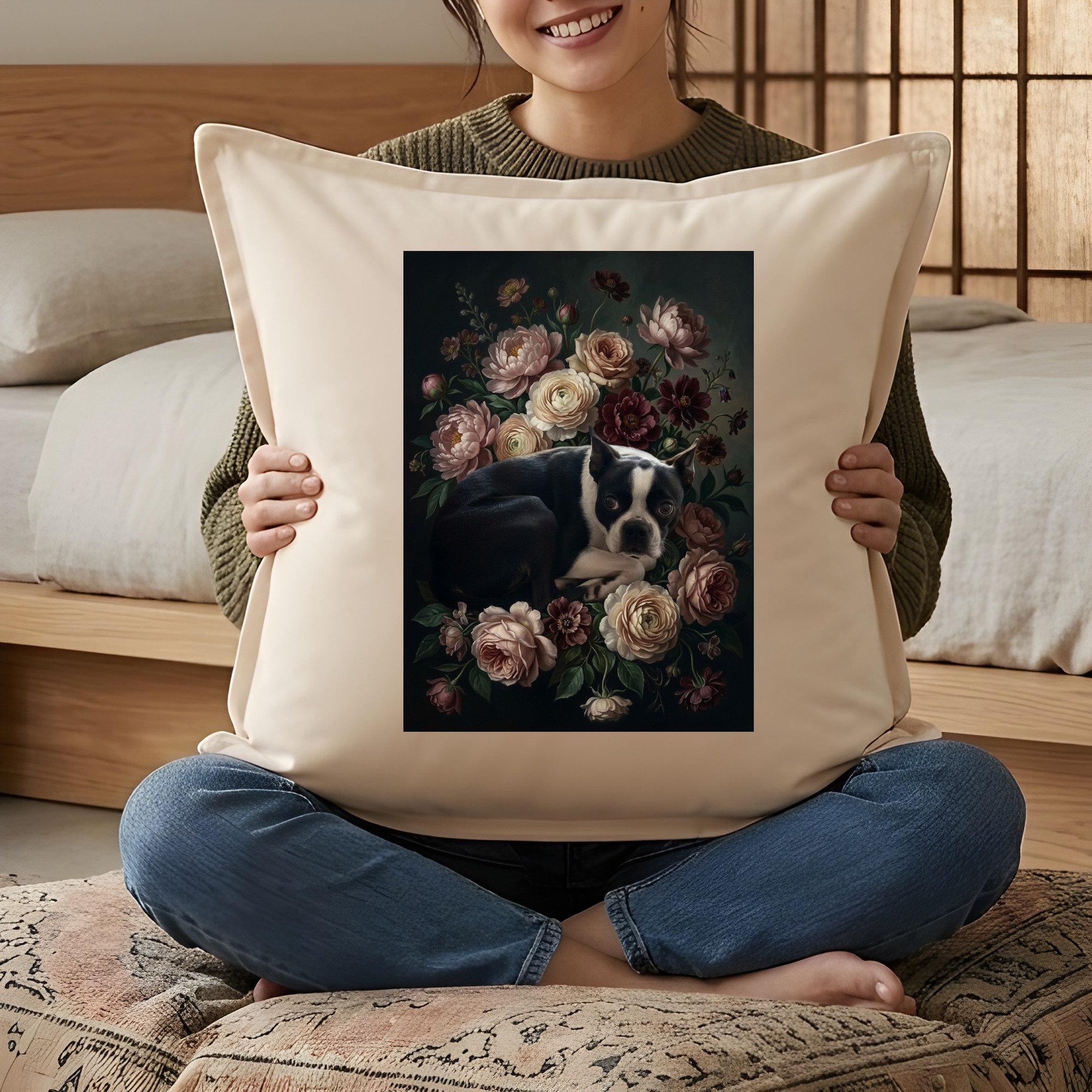 ボストンテリアの花の油絵風アート花柄クッション（3枚目）