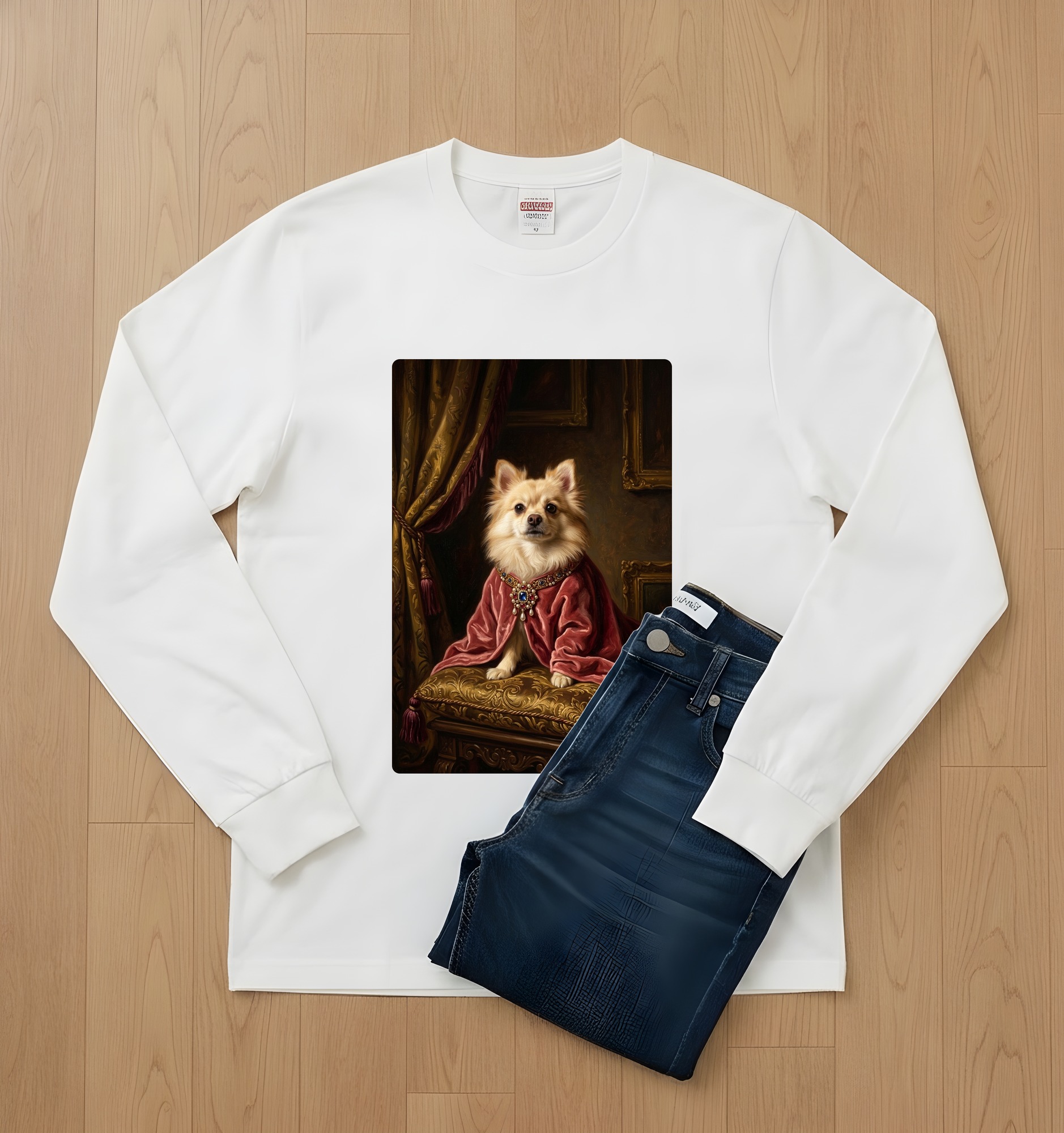 ポメラニアンのルネサンス肖像画長袖Tシャツ（ホワイト）（2枚目）