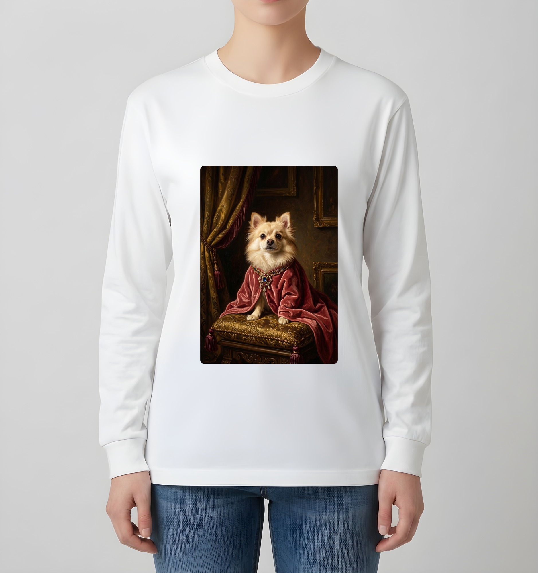 ポメラニアンのルネサンス肖像画長袖Tシャツ（ホワイト）（4枚目）