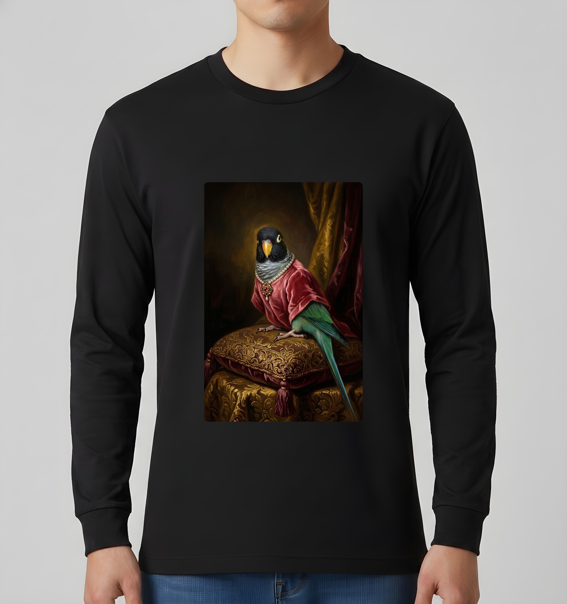 ダルマインコのルネサンス肖像画長袖Tシャツ(ブラック)(3枚目)