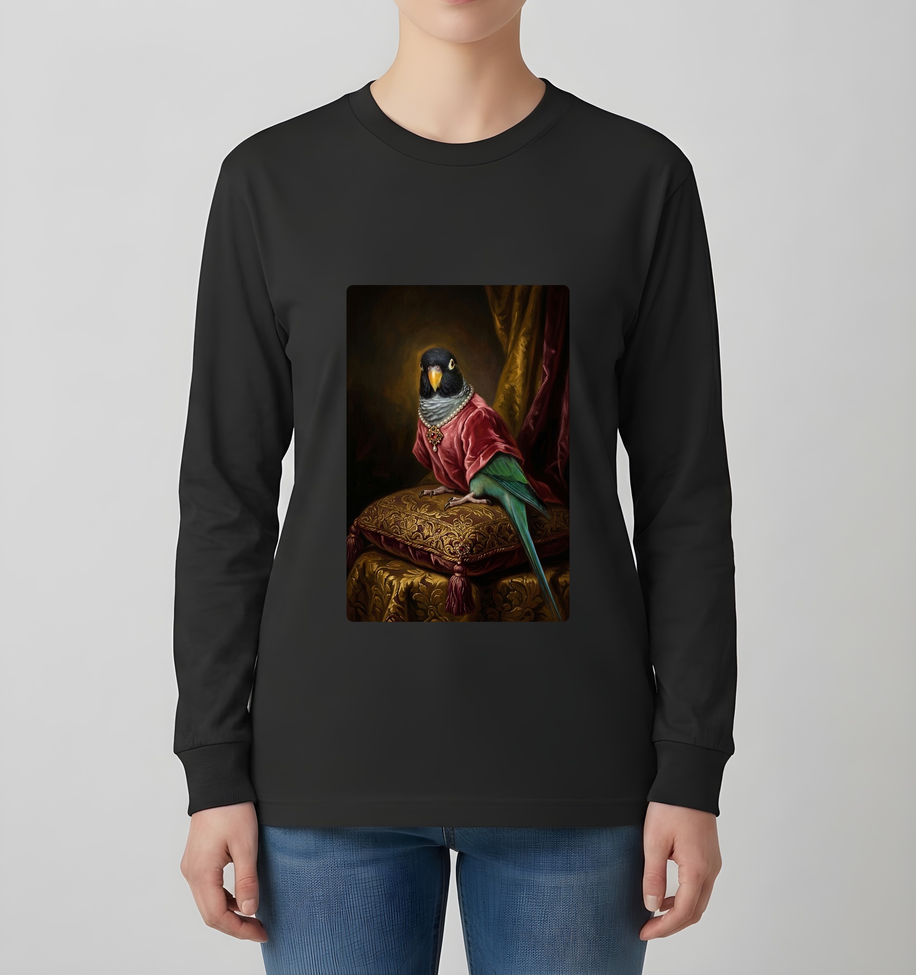 ダルマインコのルネサンス肖像画長袖Tシャツ(ブラック)(4枚目)