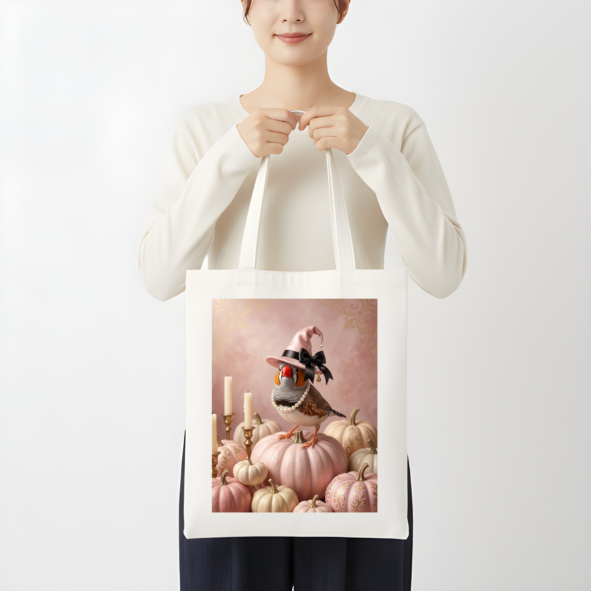 キンカチョウのかぼちゃとキャンドルの油絵風アートハロウィントートバッグ（3枚目）