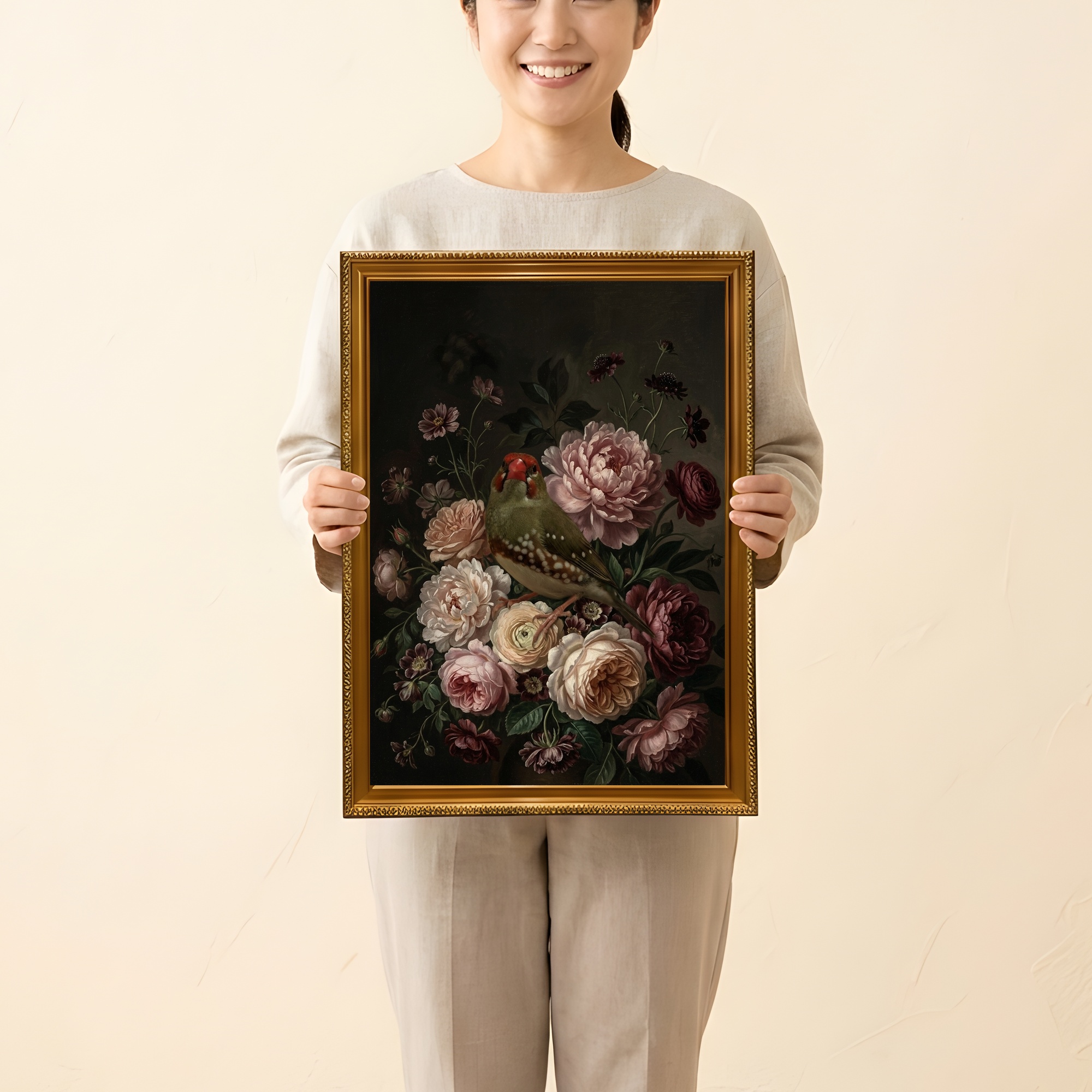 アサヒスズメの花の油絵風アート花柄額装プリント(A3サイズ)(2枚目)