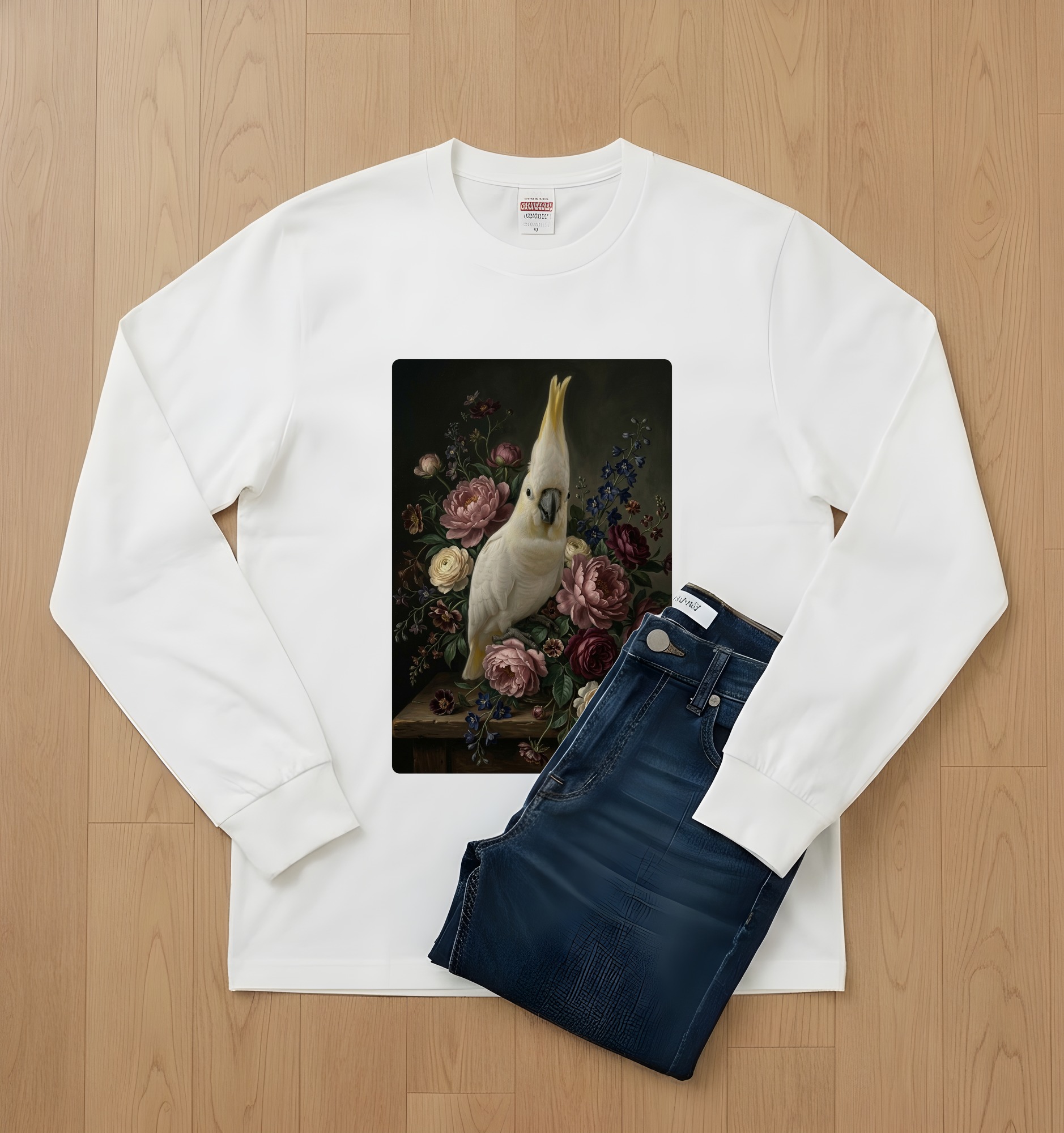 キバタンの花の油絵風アート花柄長袖Tシャツ（ホワイト）（2枚目）