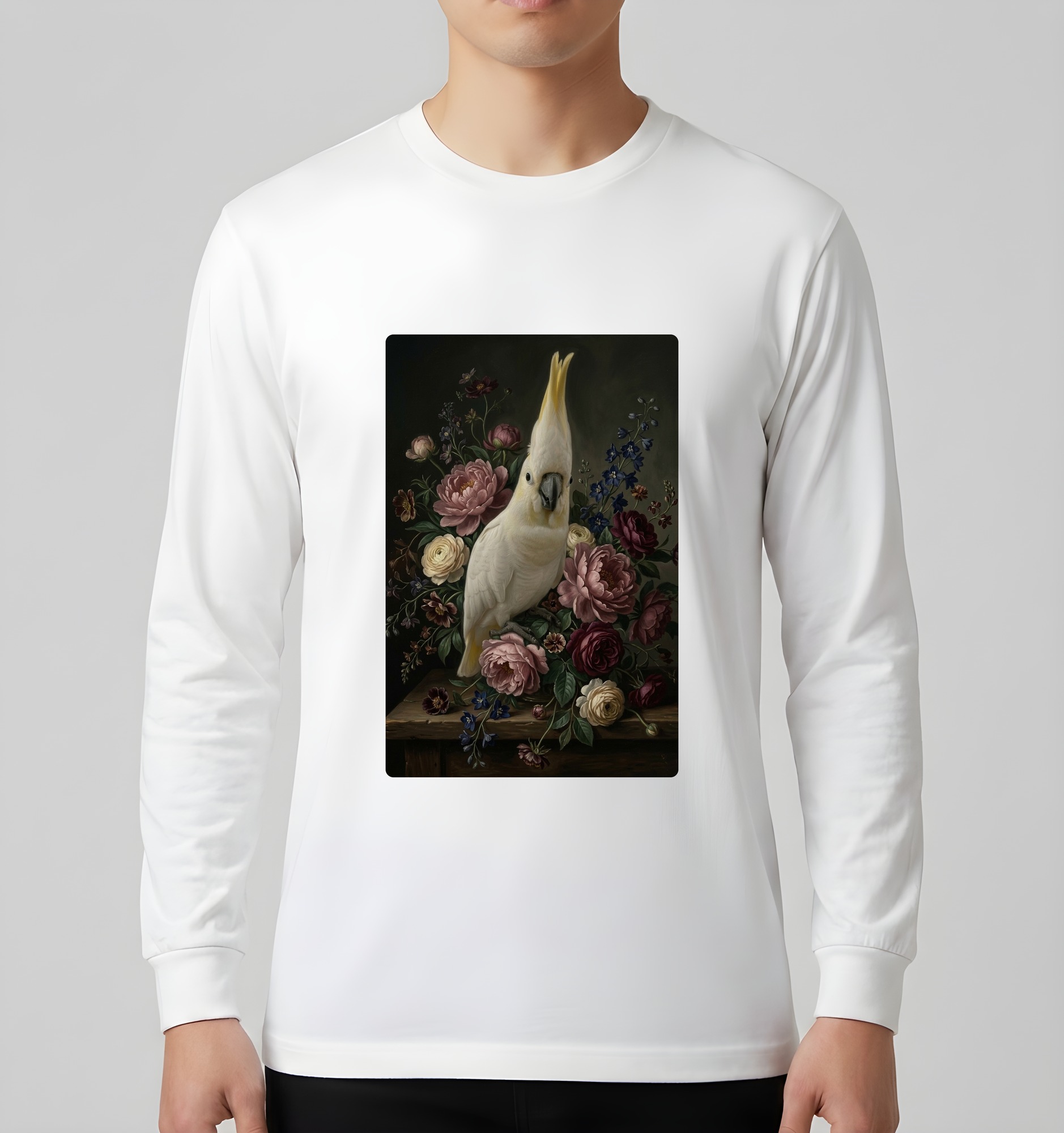 キバタンの花の油絵風アート花柄長袖Tシャツ（ホワイト）（3枚目）