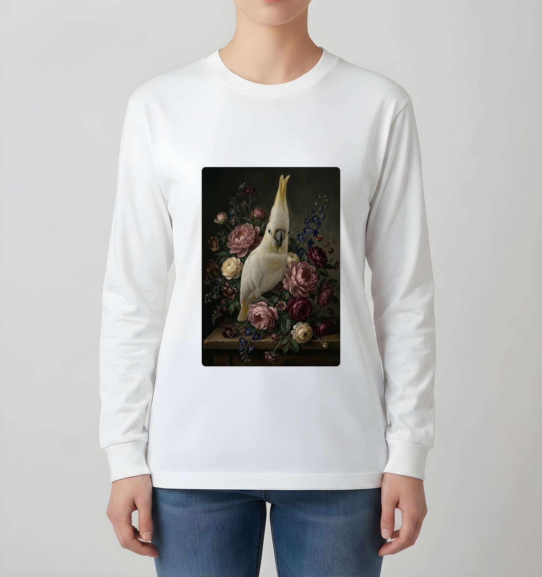 キバタンの花の油絵風アート花柄長袖Tシャツ（ホワイト）（4枚目）