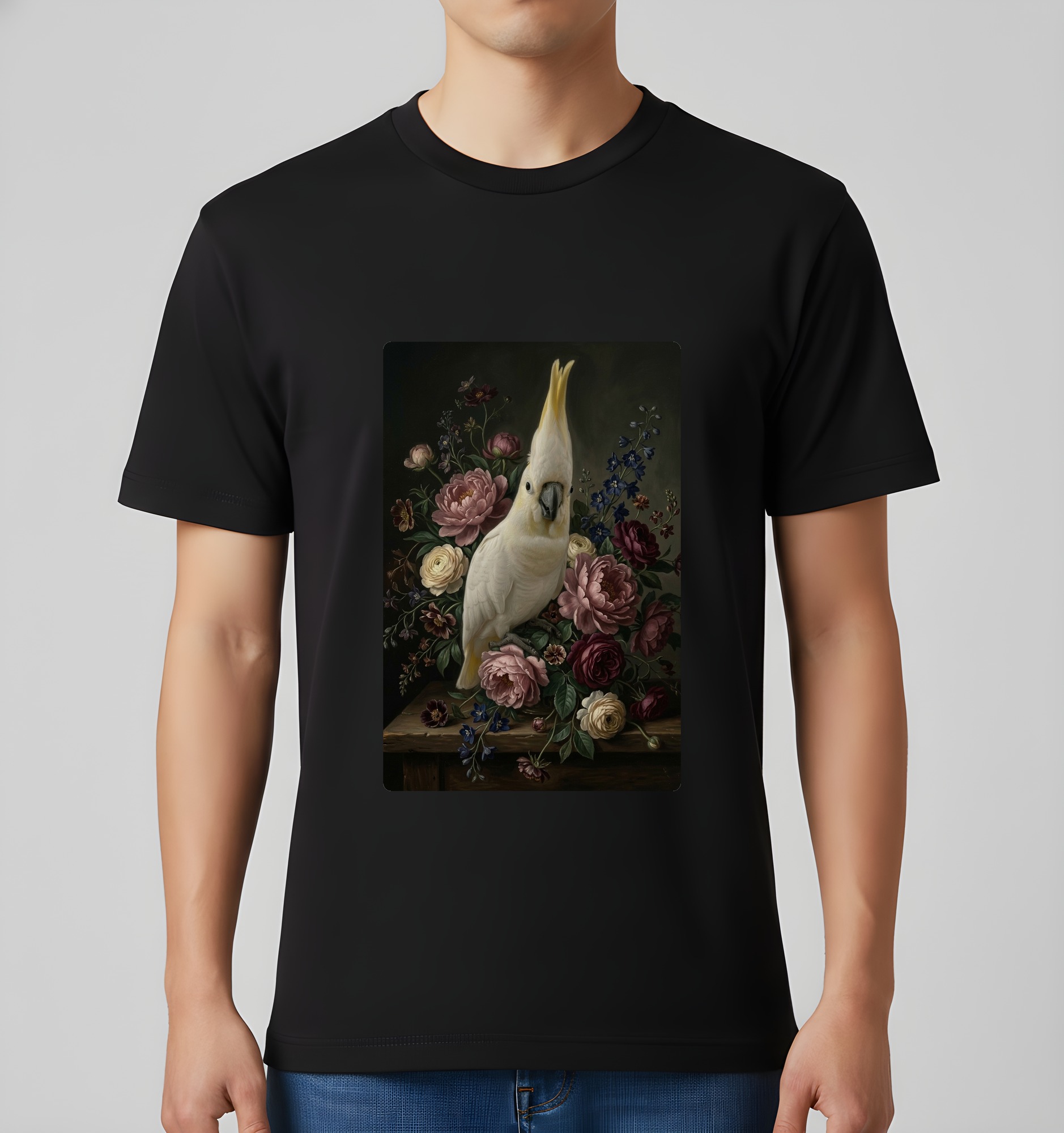 キバタンの花の油絵風アート花柄Tシャツ(ブラック)(3枚目)