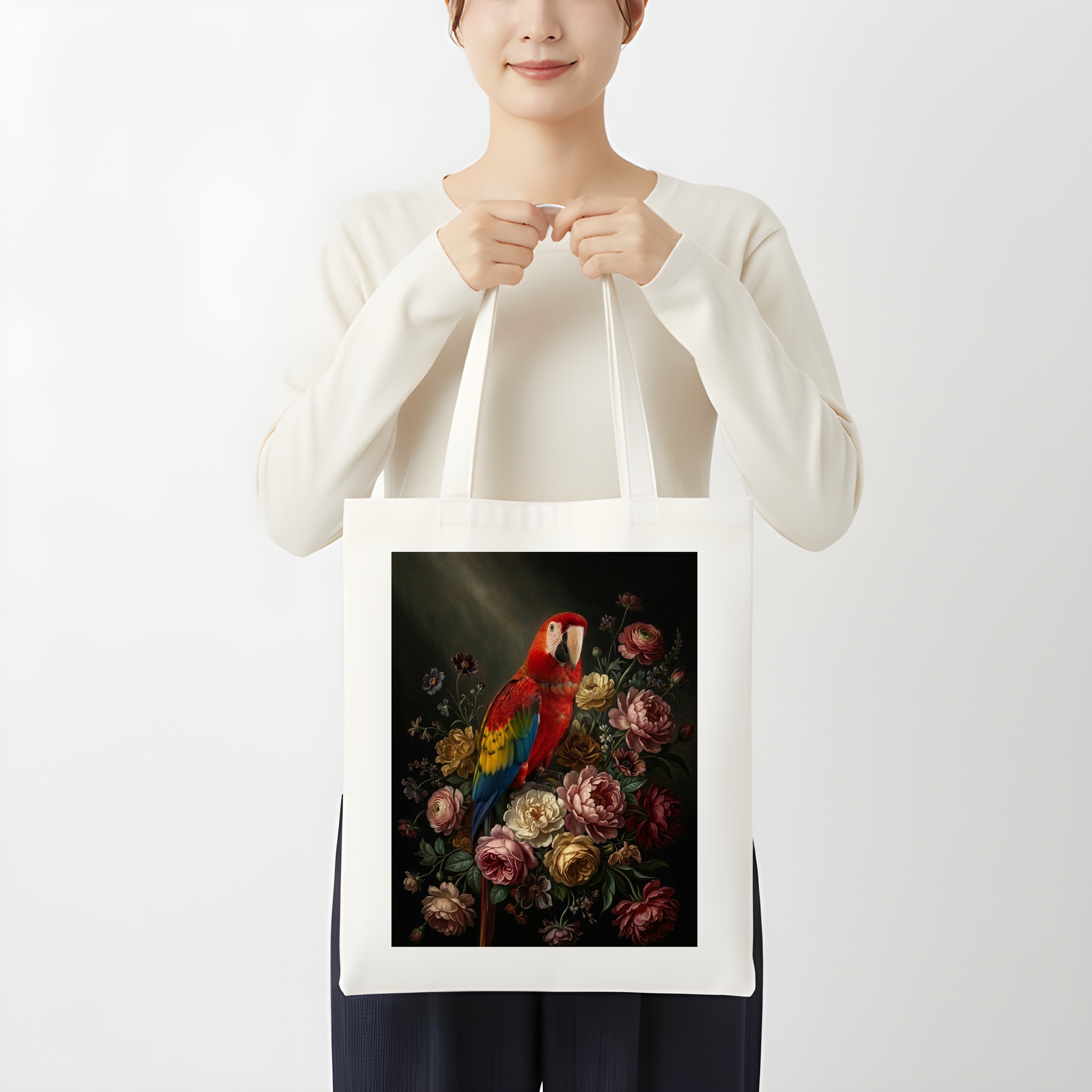 コンゴウインコの花の油絵風アート花柄トートバッグ（3枚目）