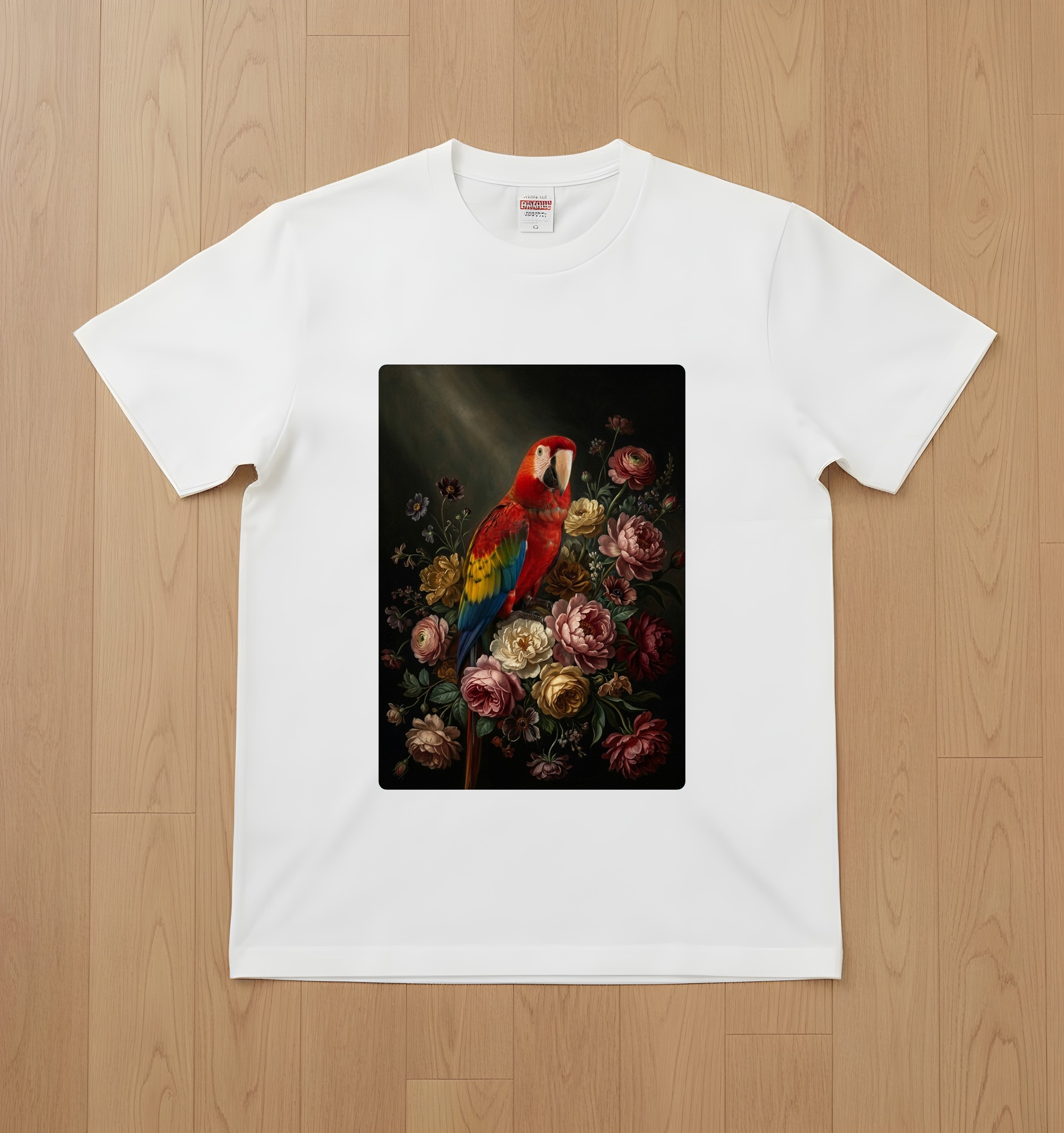 コンゴウインコの花の油絵風アート花柄Tシャツ(ホワイト)