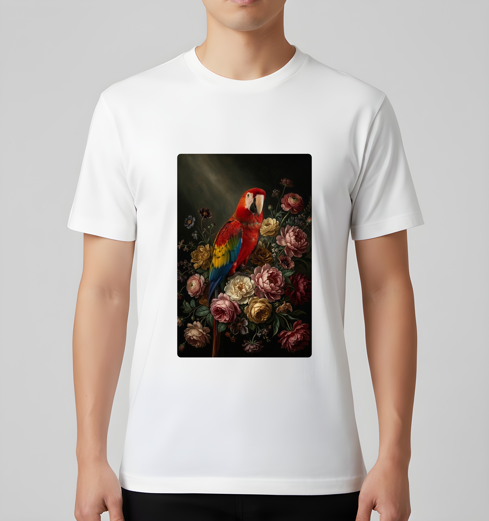 コンゴウインコの花の油絵風アート花柄Tシャツ(ホワイト)(3枚目)