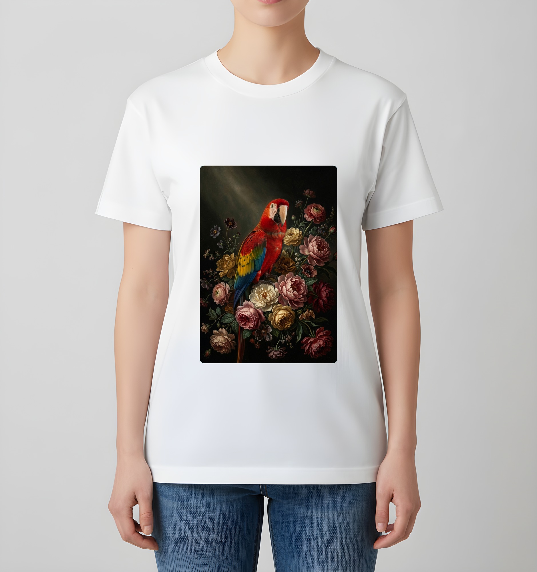 コンゴウインコの花の油絵風アート花柄Tシャツ(ホワイト)(4枚目)