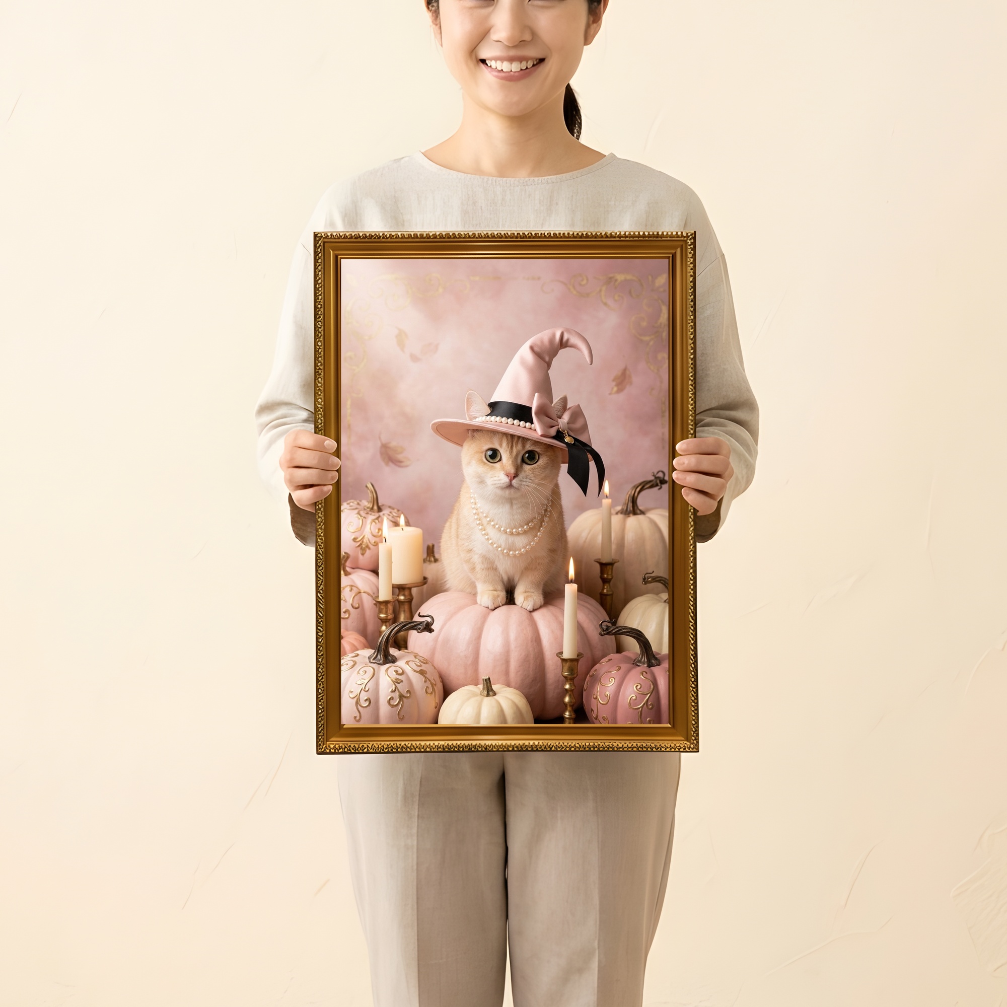 マンチカンのかぼちゃとキャンドルの油絵風アートハロウィン額装プリント（A3サイズ）（2枚目）