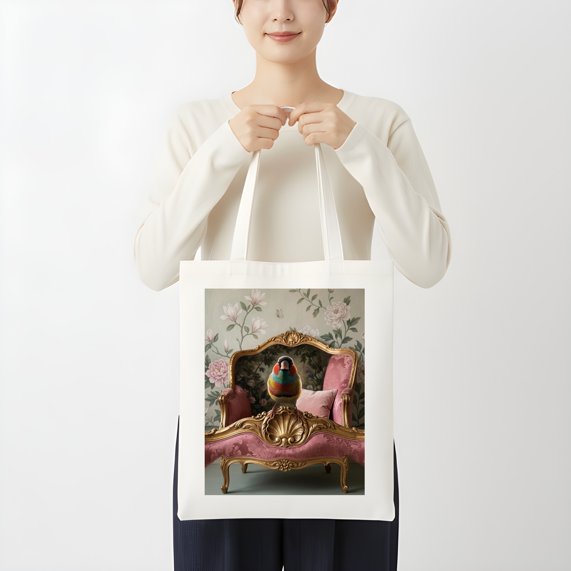 コキンチョウのシャビーピンクの油絵風アートロココ調トートバッグ(3枚目)