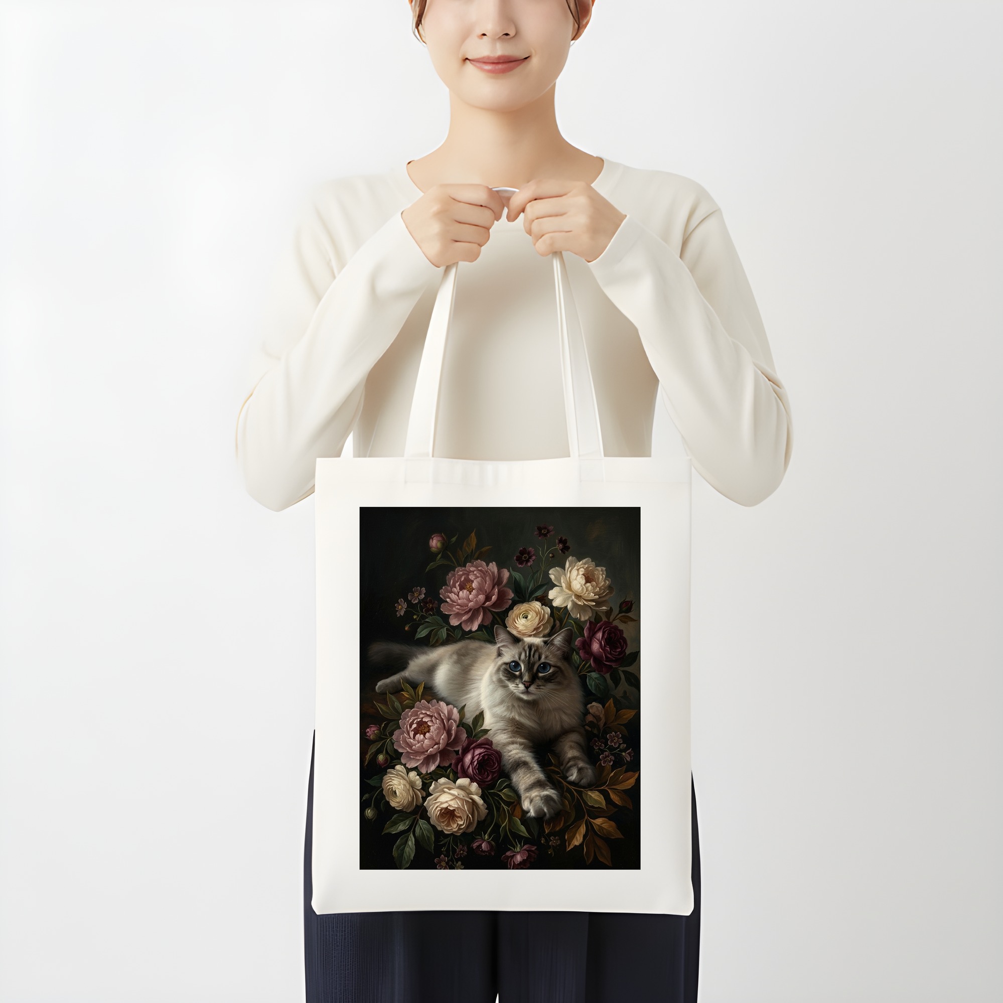 ラグドールの花の油絵風アート花柄トートバッグ(3枚目)