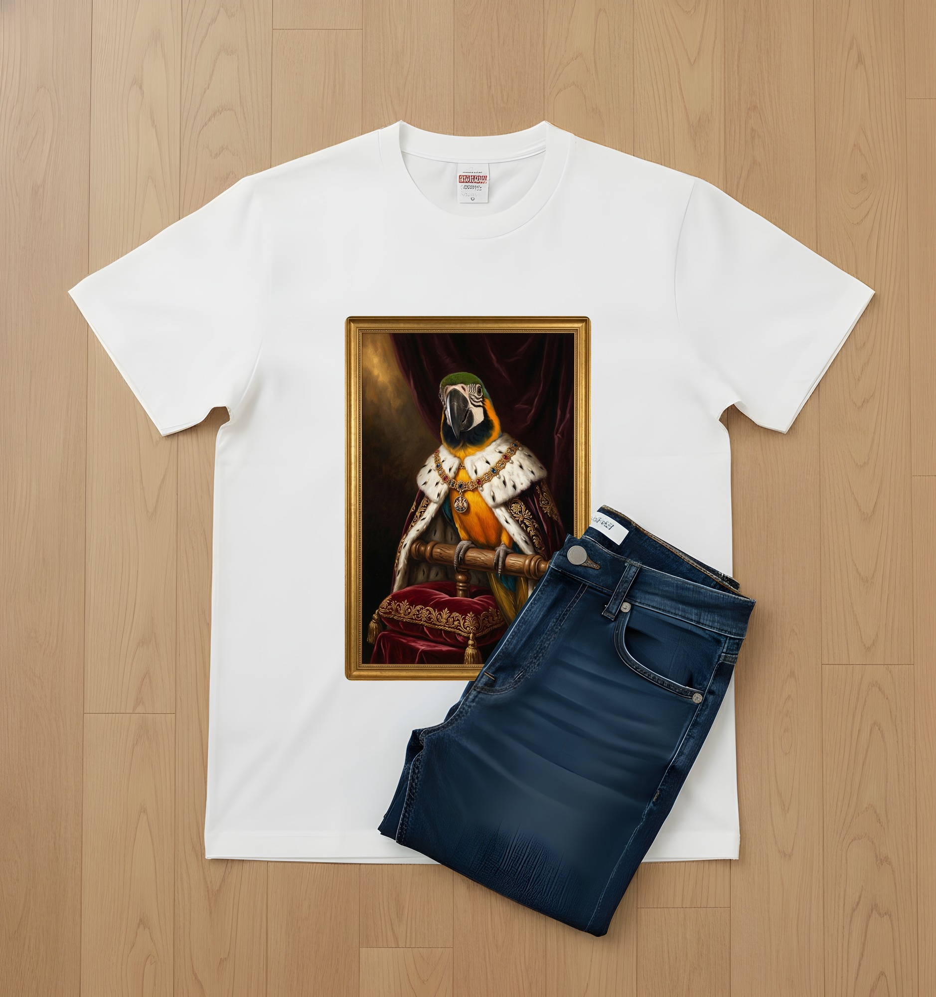 ルリコンゴウインコのルネサンス肖像画Tシャツ（ホワイト・カラープリント・額縁なし）（2枚目）